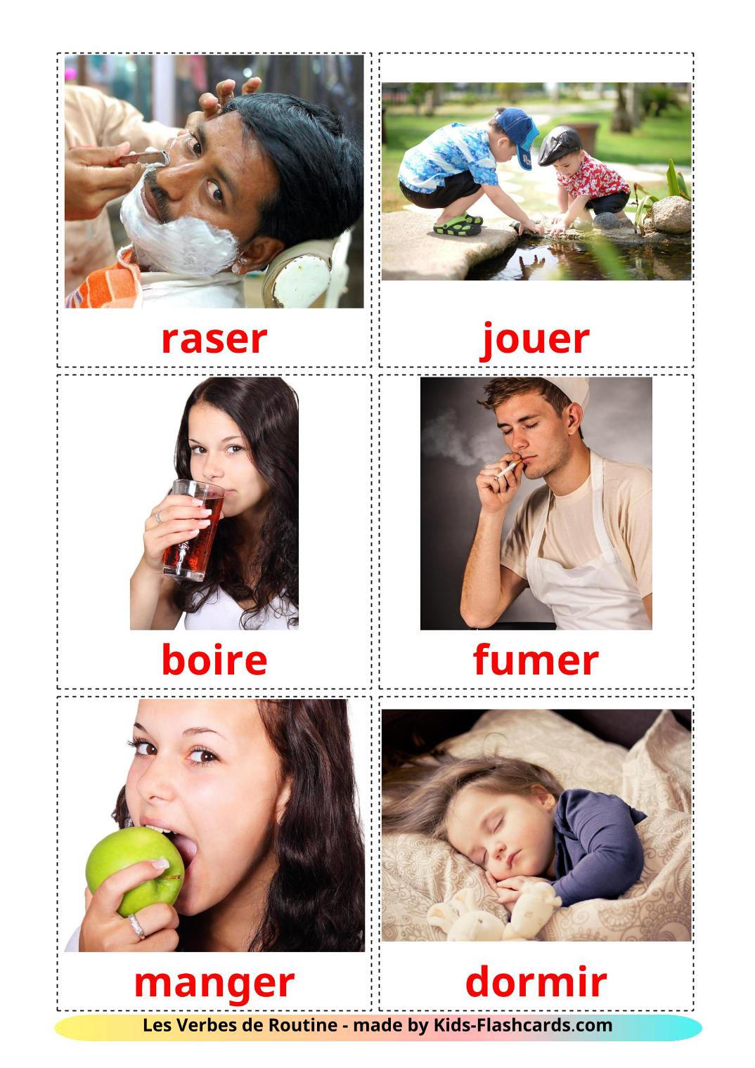 Les Verbes de Routine - 33 Flashcards français imprimables gratuitement