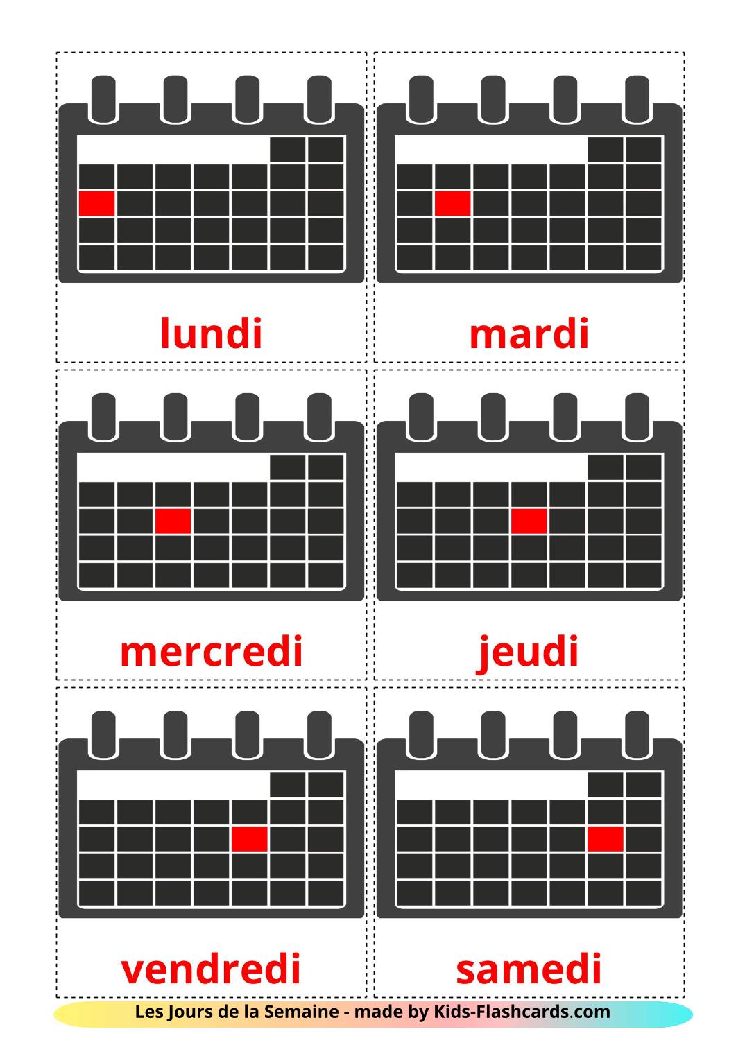 Days of Week - 12 Free Printable french Flashcards 