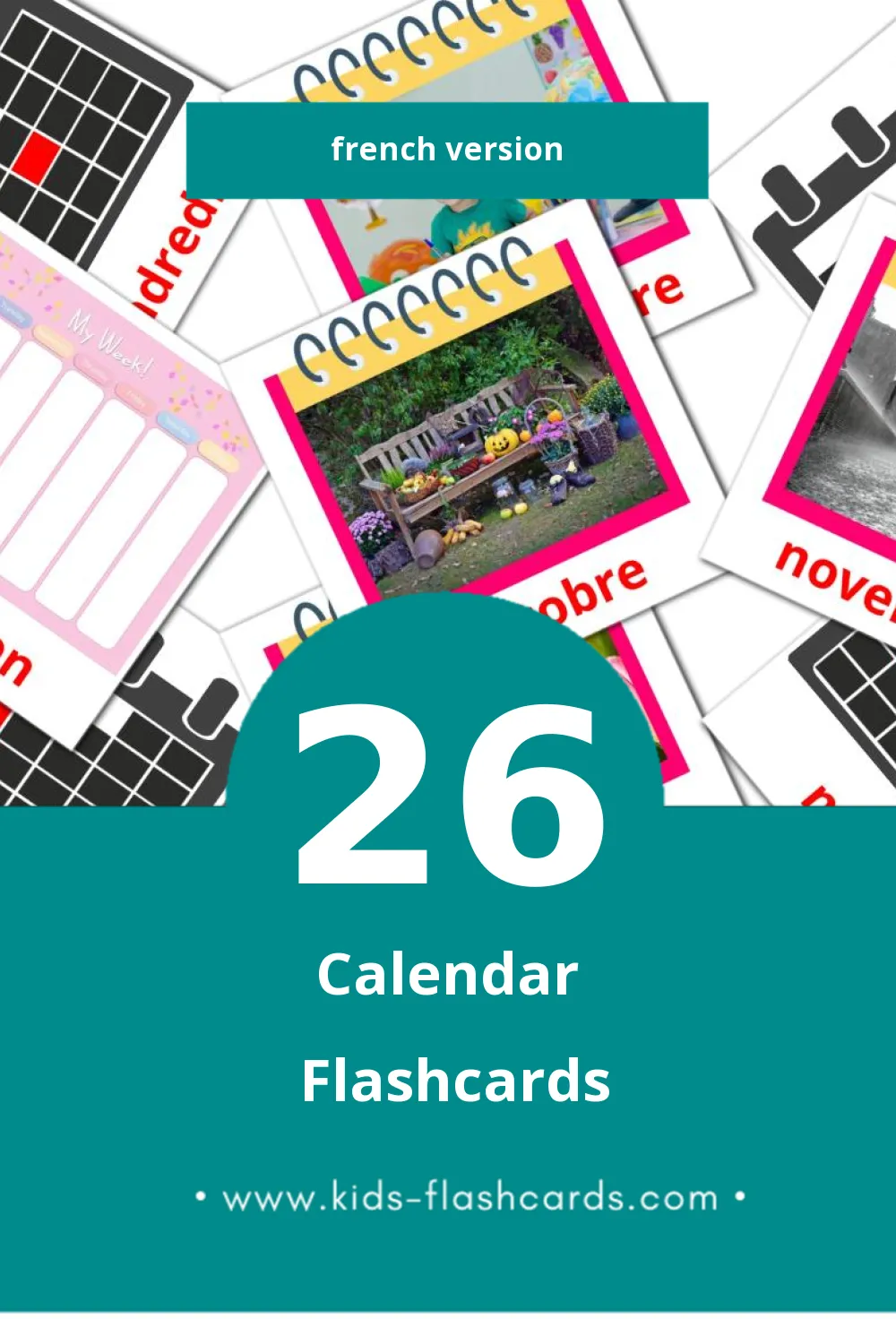 Visual Calendrier Flashcards for Toddlers (26 cards in French)