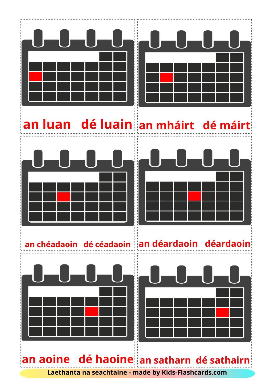 Les Jours de la Semaine - 12 Flashcards irlandais imprimables gratuitement