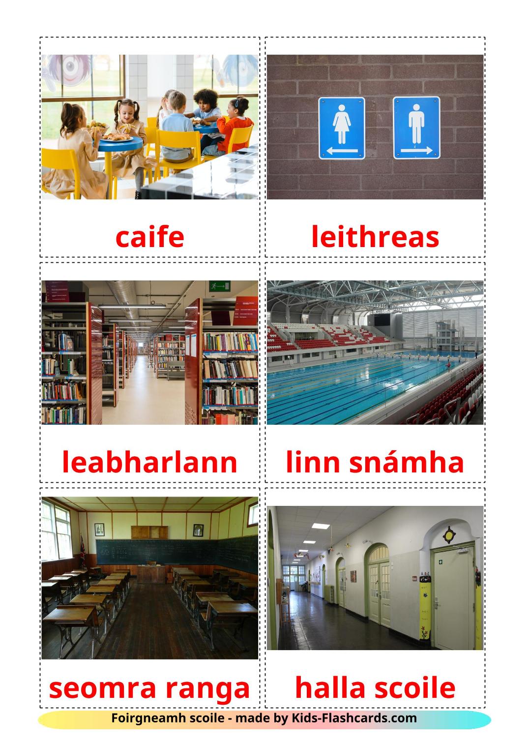 Edificio scolastico - 17 flashcards irlandesi stampabili gratuitamente
