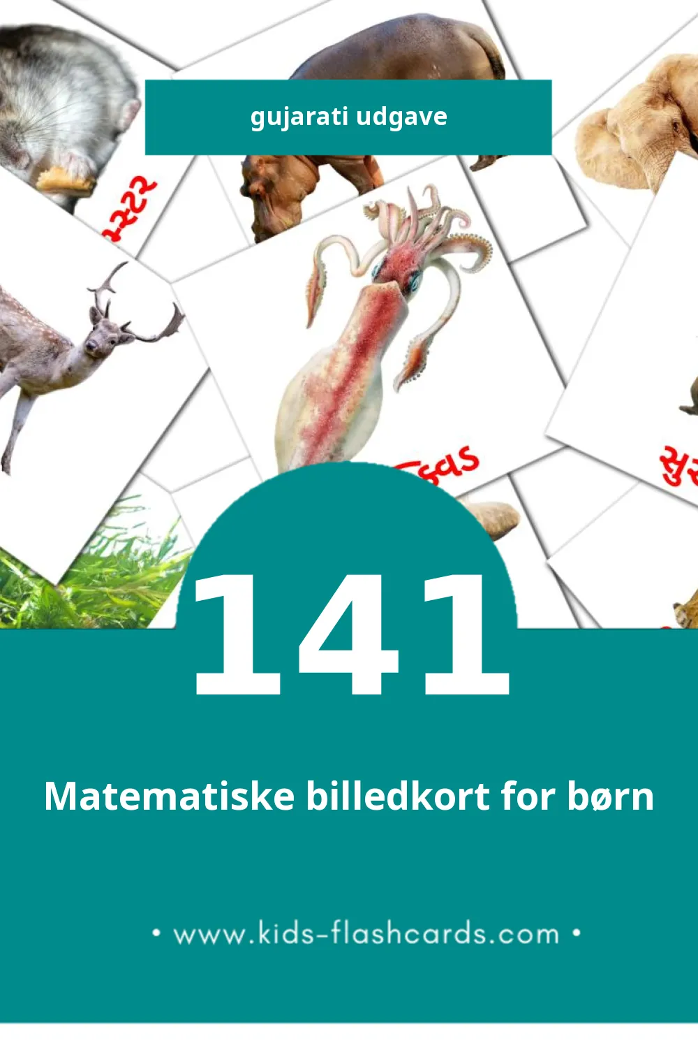 Visuelle billedkort for børn om પ્રાણીઓ til småbørn (141 kort på Gujarati)