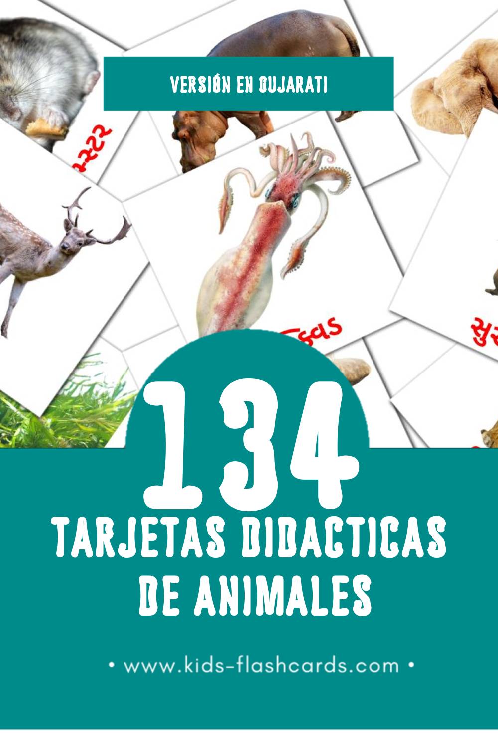Tarjetas visuales de પ્રાણીઓ para niños pequeños (134 tarjetas en Gujarati)