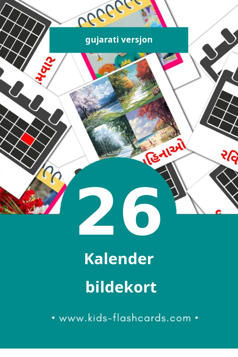 Visuelle કેલેન્ડર bildekort for småbarn (26 kort på Gujarati)