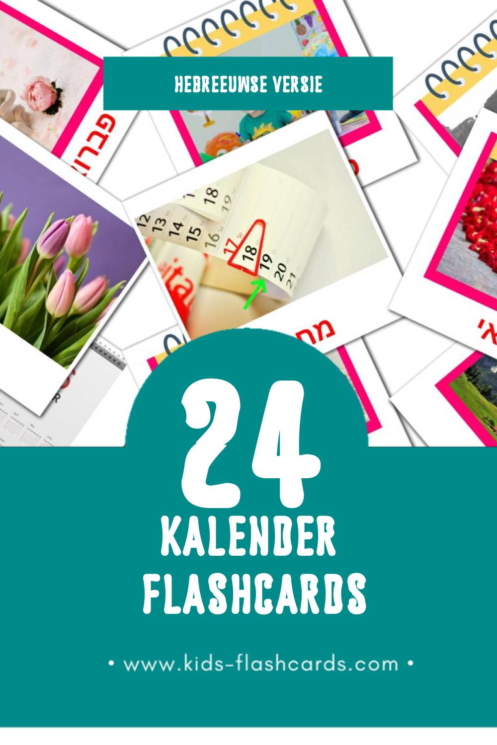 Visuele לוּחַ שָׁנָה Flashcards voor Kleuters (24 kaarten in het Hebreeuws)