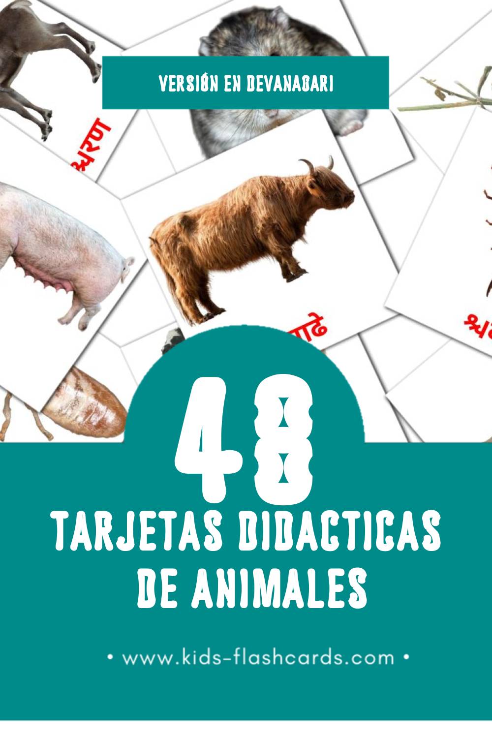 Tarjetas visuales de जानवर para niños pequeños (48 tarjetas en Devanagari)
