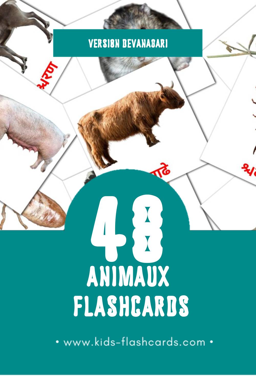 Flashcards Visual जानवर pour les tout-petits (48 cartes en Devanagari)