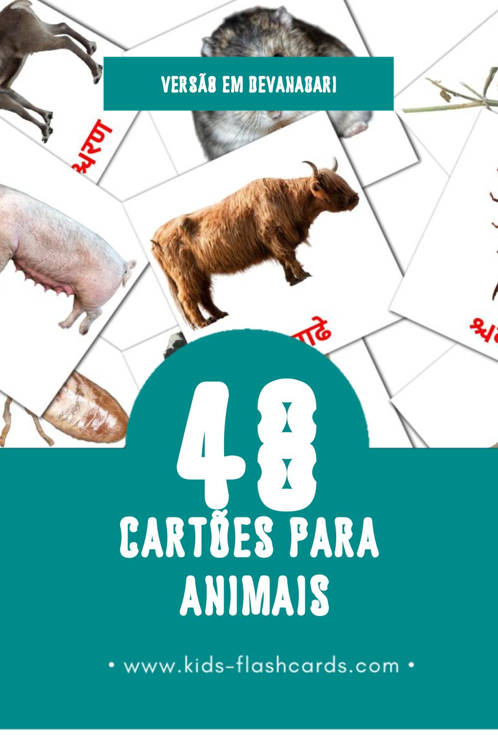 Flashcards de जानवर Visuais para Toddlers (48 cartões em Devanagari)