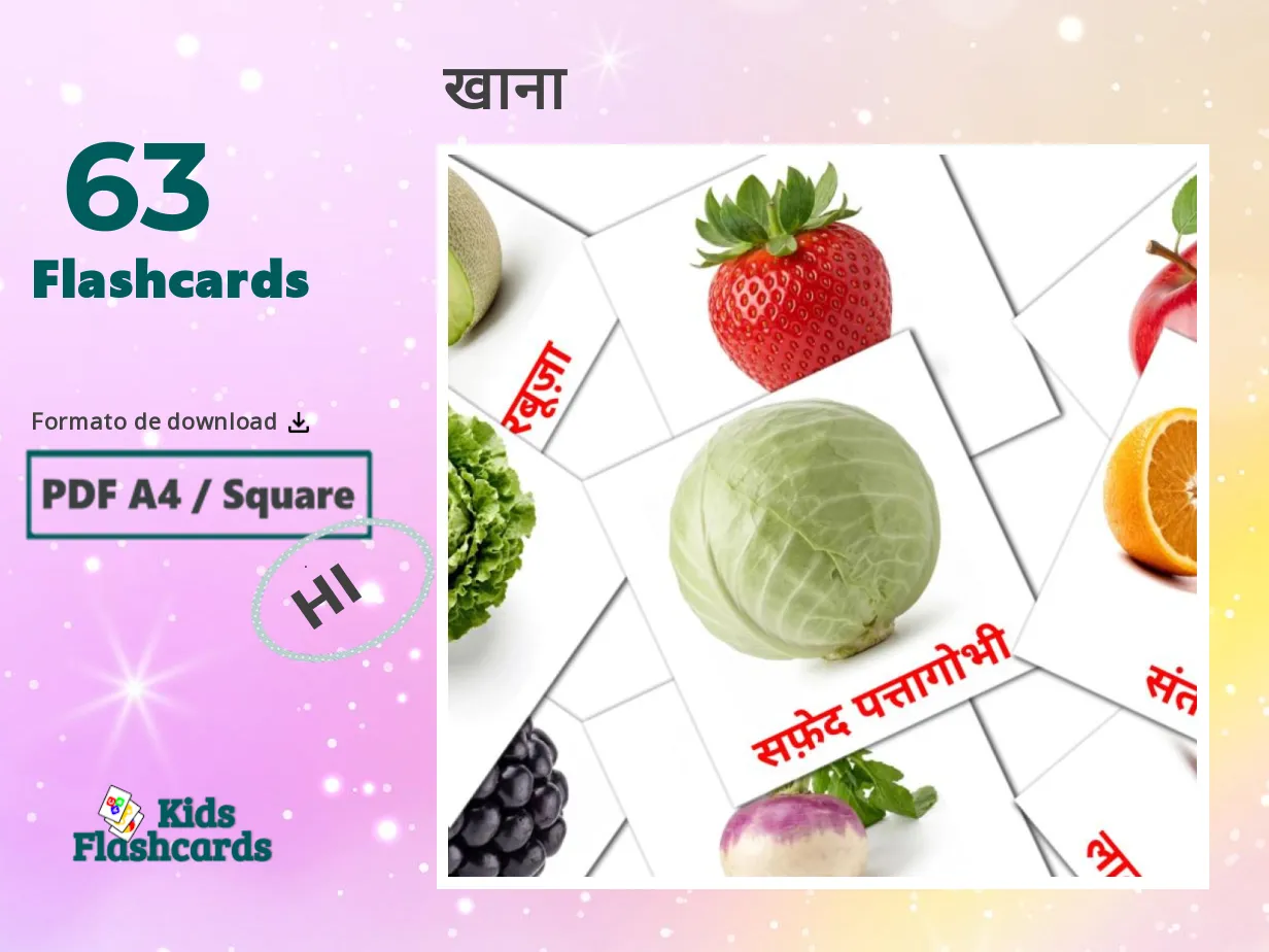 63 Flashcards de Comida GRÁTIS em Hindi | 4 PDFs imprimíveis