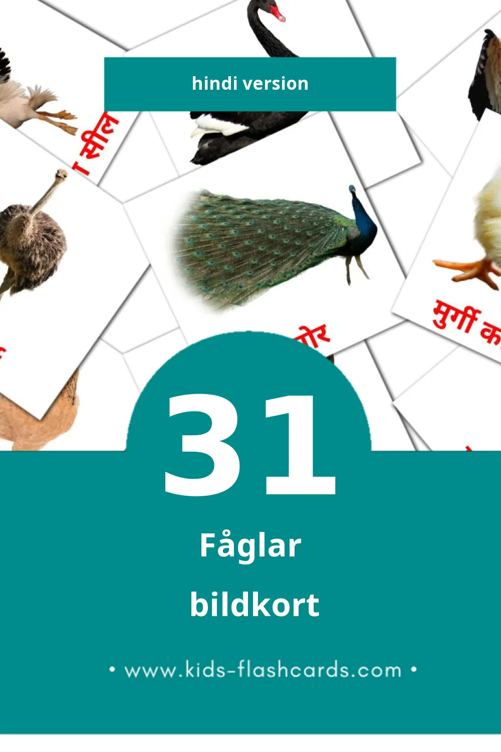 Visuella पक्षी för småbarn (31 bildkort för barn på Hindi)