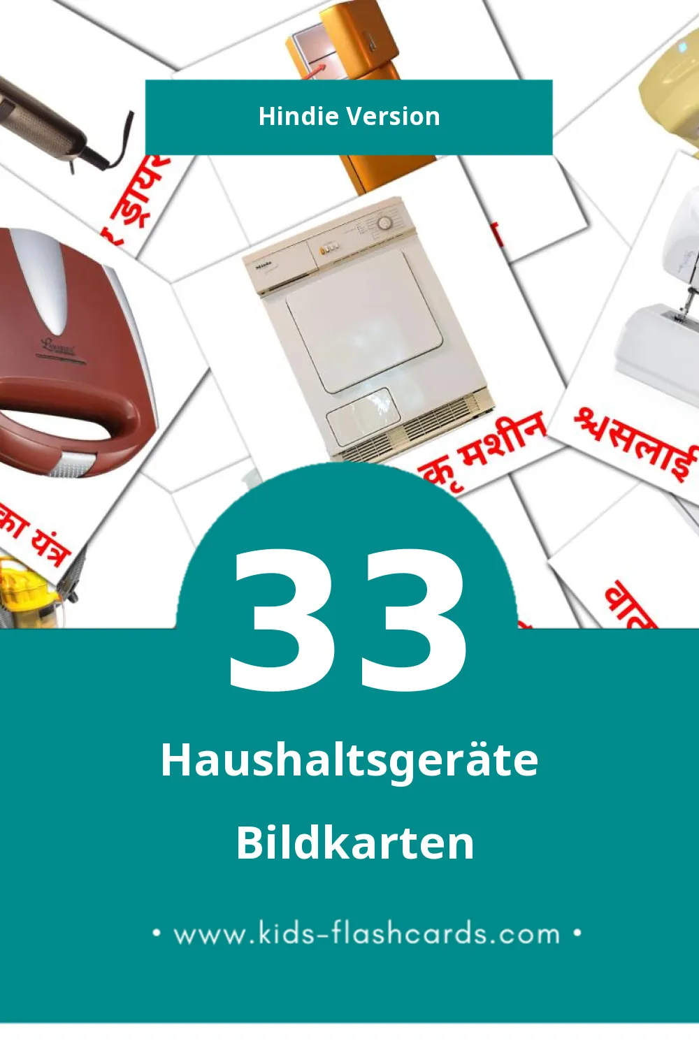 Visual घरेलू उपकरण Flashcards für Kleinkinder (33 Karten in Hindi)