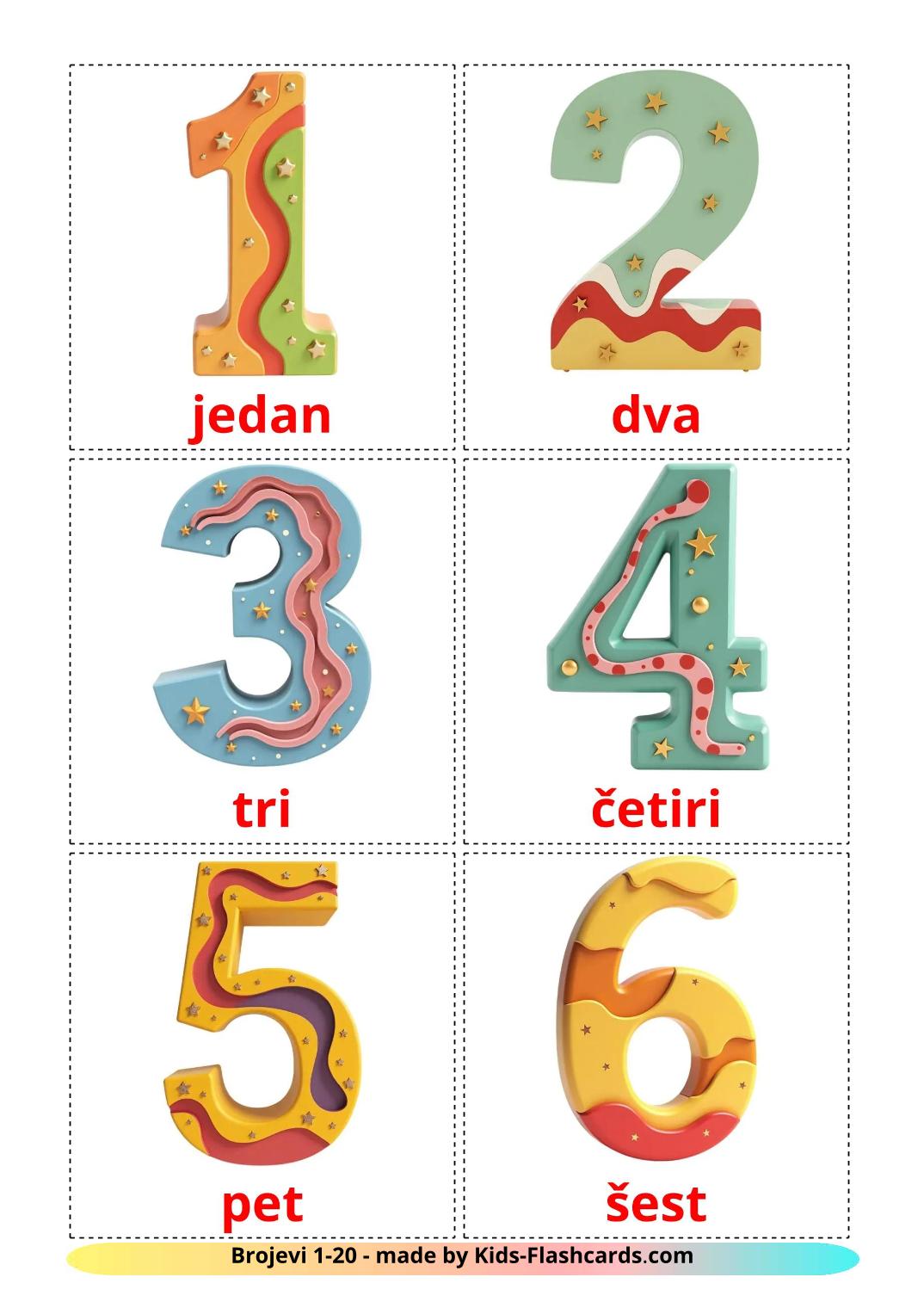 Numbers (1-20) - 20 Free Printable croatian Flashcards 