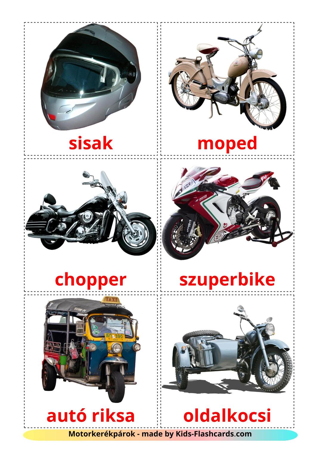 Motocicletas - 12 Flashcards hungaroes gratuitos para impressão
