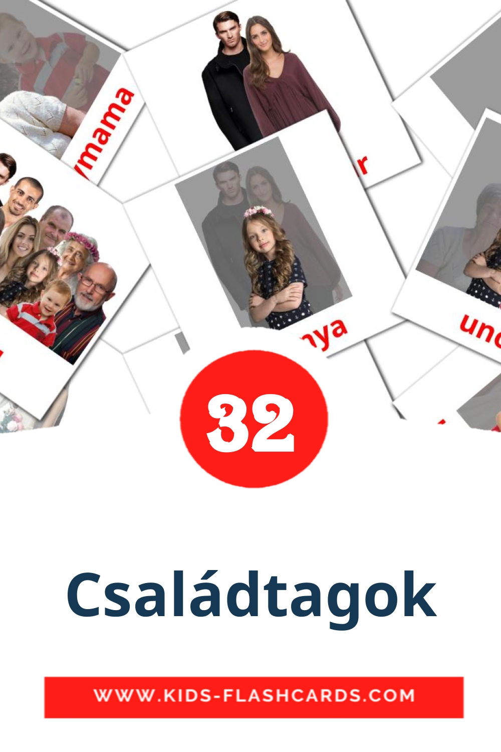 32 tarjetas didacticas de Családtagok para el jardín de infancia en húngaro
