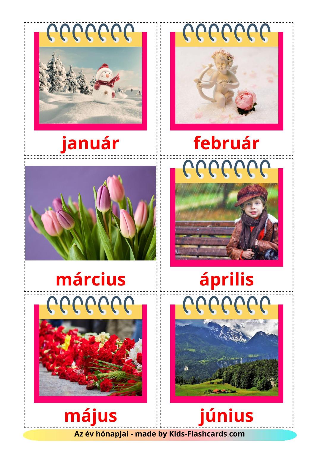 Months of the Year - 12 Free Printable hungarian Flashcards 