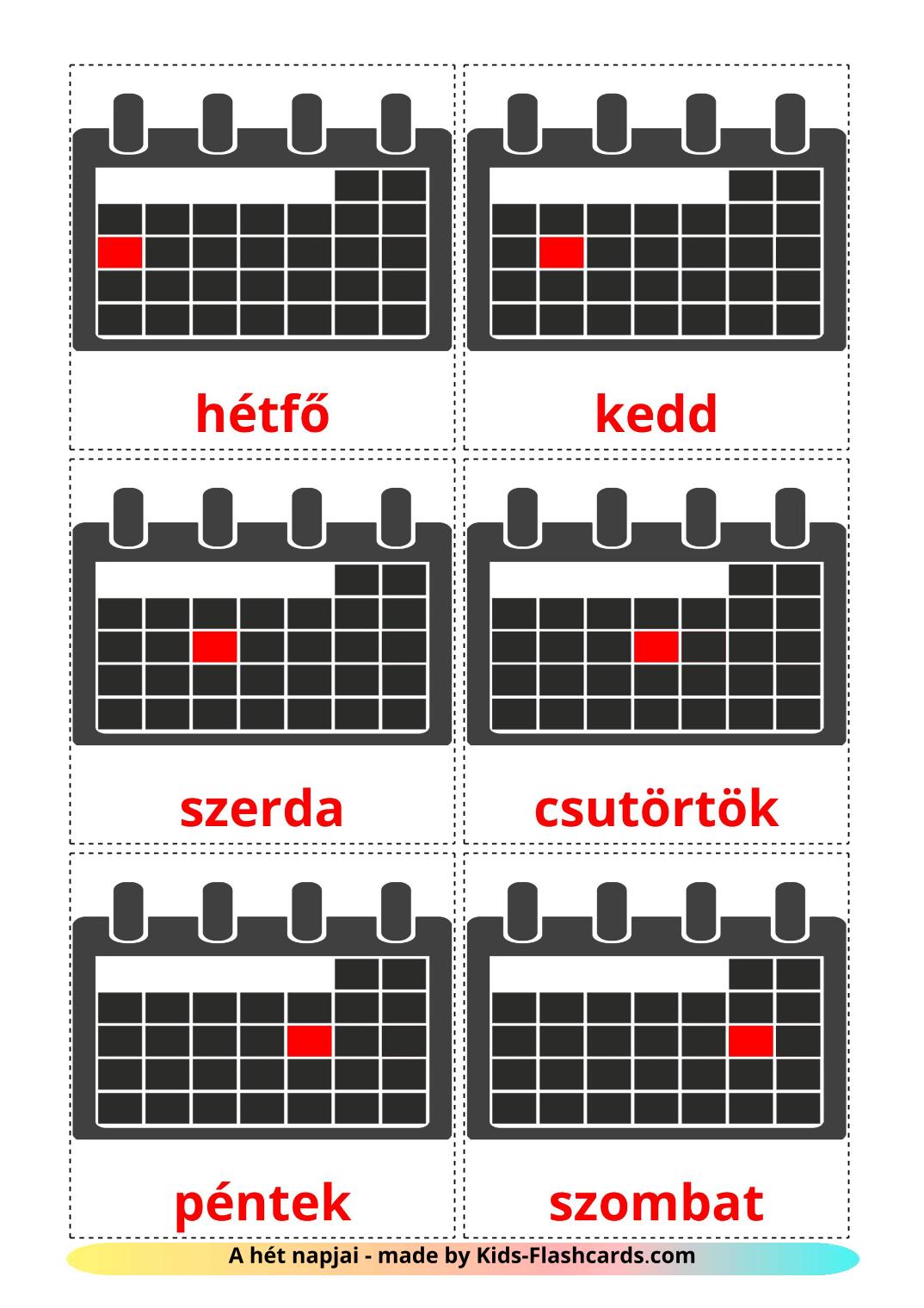 Días de la semana - 12 fichas de húngaro para imprimir gratis 