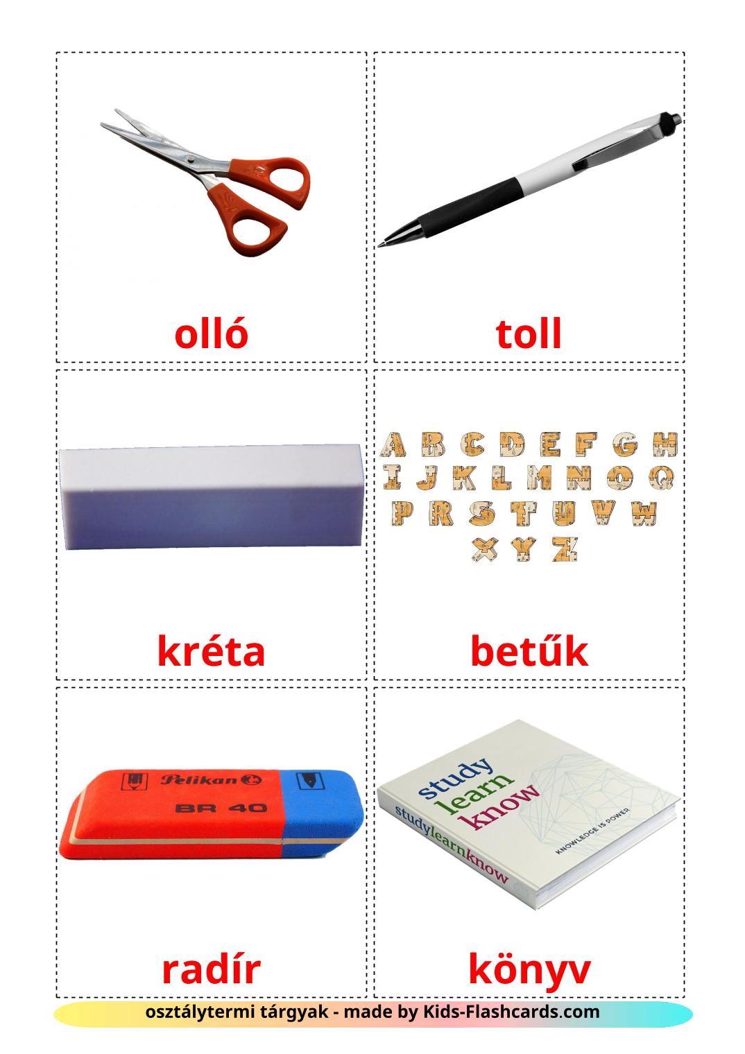 Classroom objects - 36 Free Printable hungarian Flashcards 
