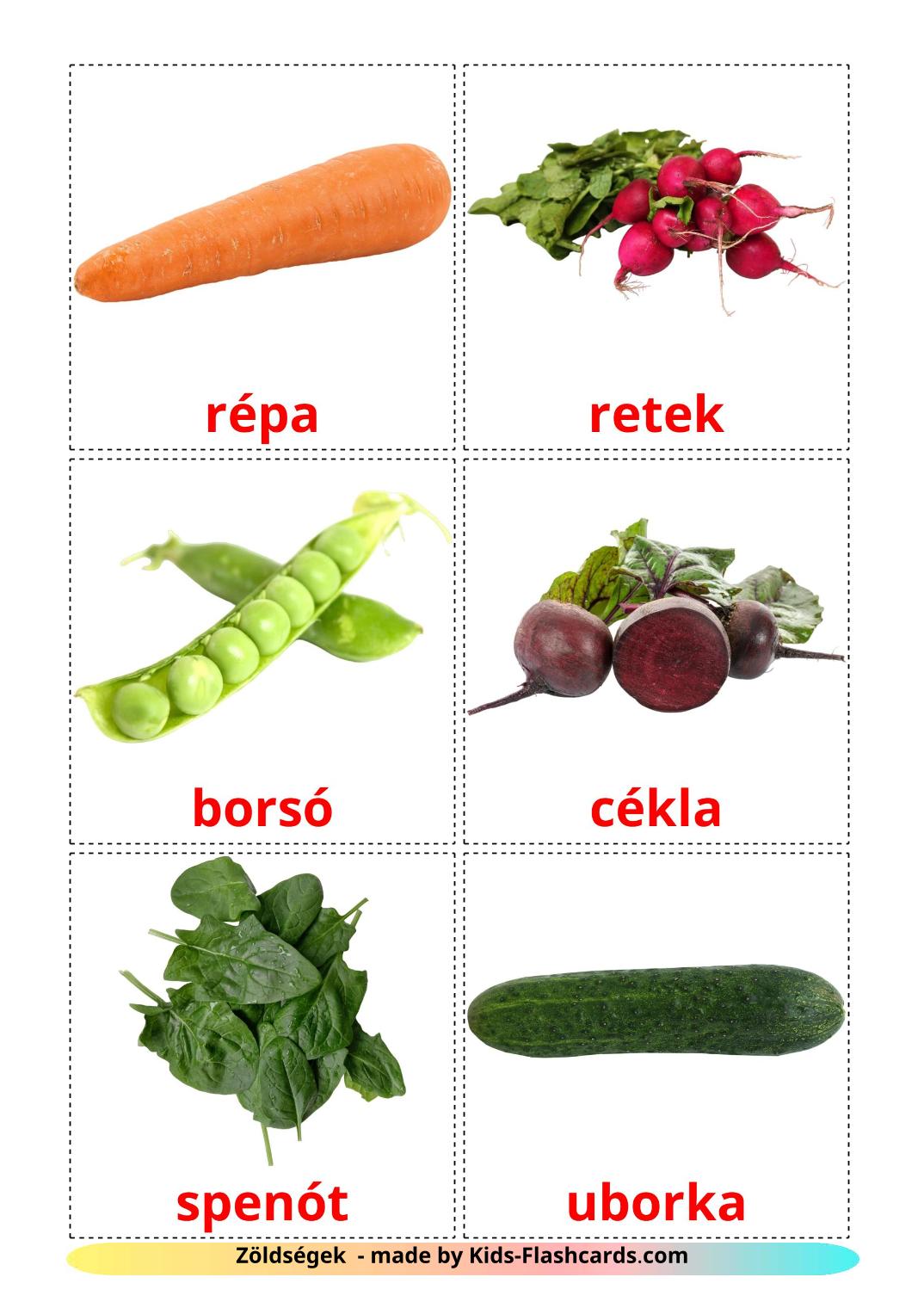 Les Légumes - 29 Flashcards hongrois imprimables gratuitement