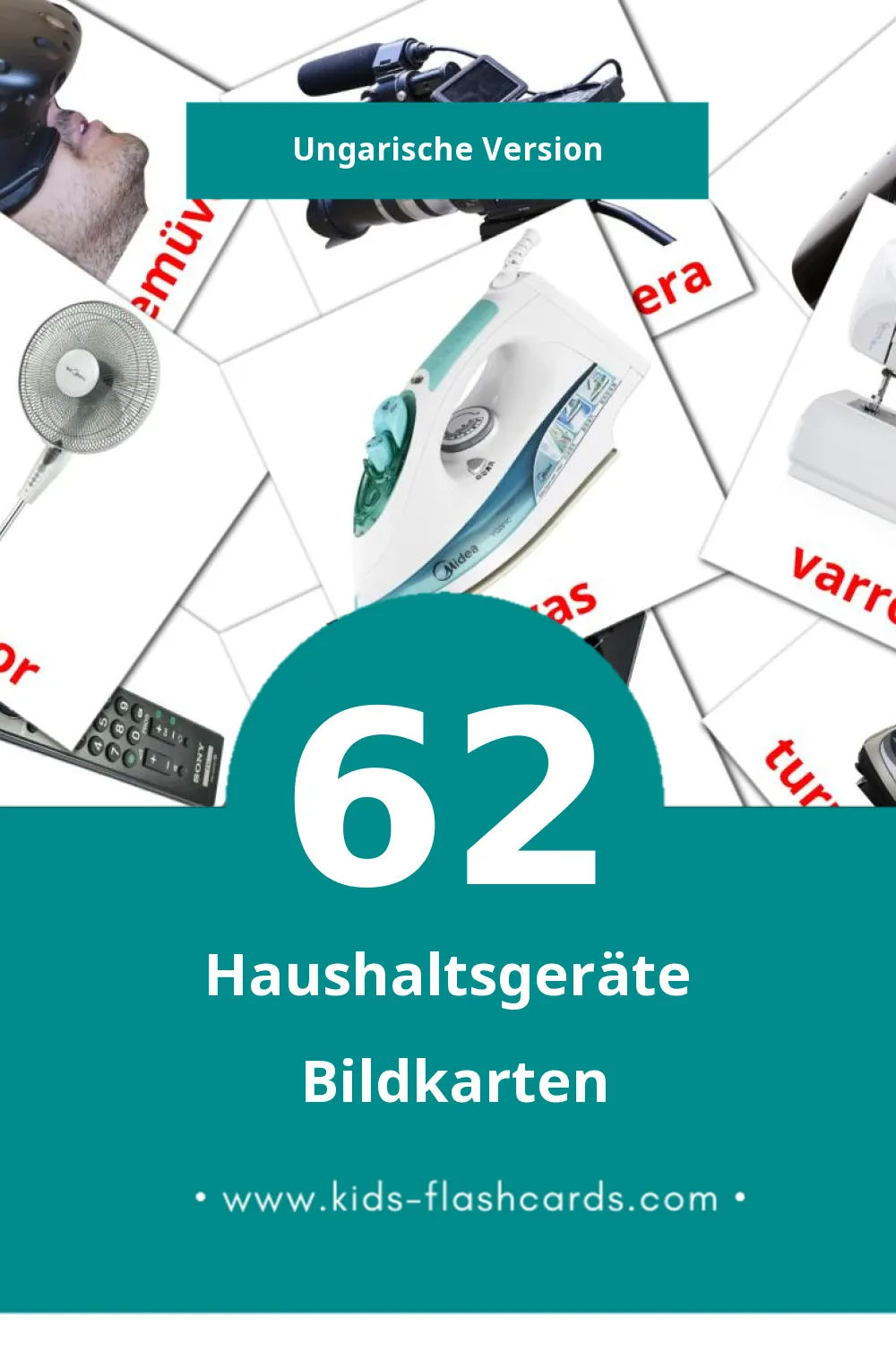 Visual Háztartási gépek Flashcards für Kleinkinder (62 Karten in Ungarisch)