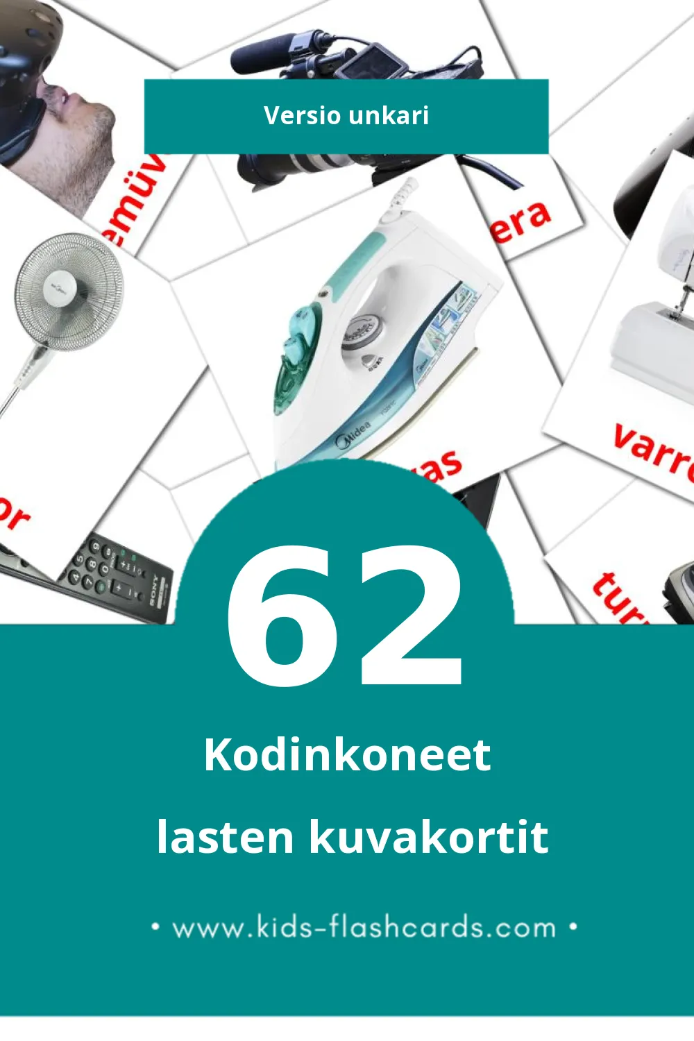 Háztartási gépek lasten kuvakortit pikkulapsille (62 korttia Unkariksi)