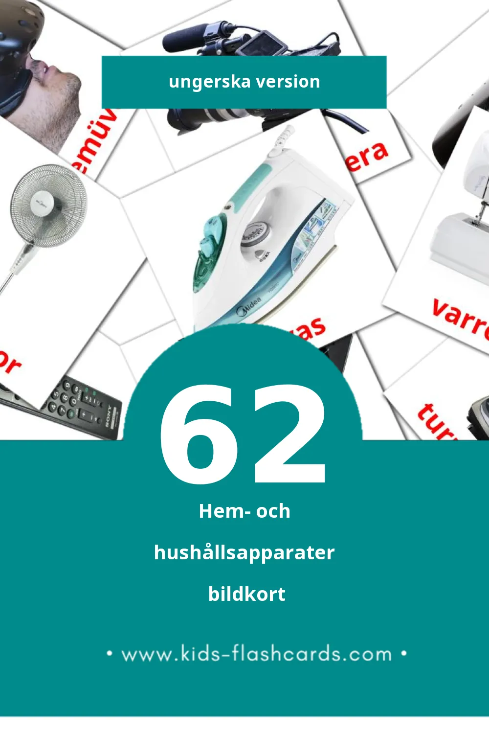 Visuella Háztartási gépek för småbarn (62 bildkort för barn på Ungerska)