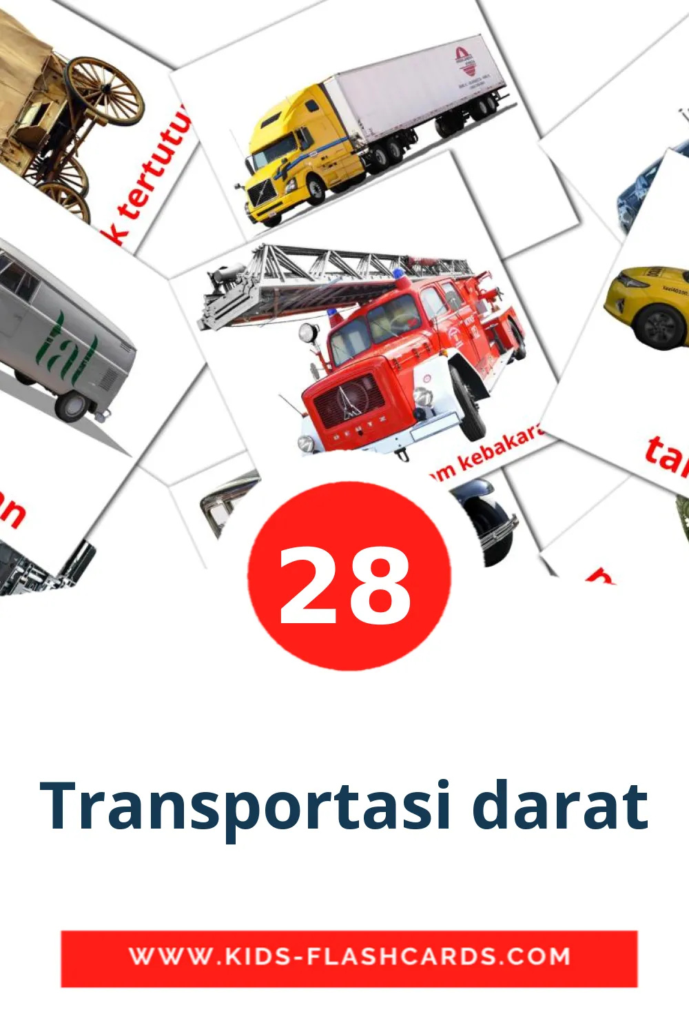 28 cartes illustrées de Transportasi darat pour la maternelle en indonésien