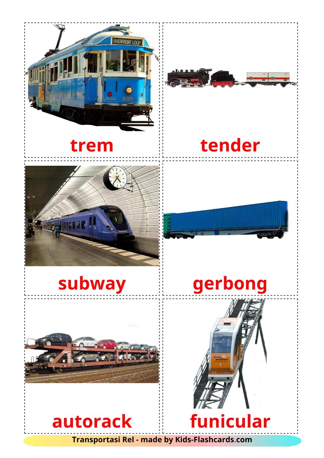 Véhicules Ferroviaire - 19 Flashcards indonésien imprimables gratuitement