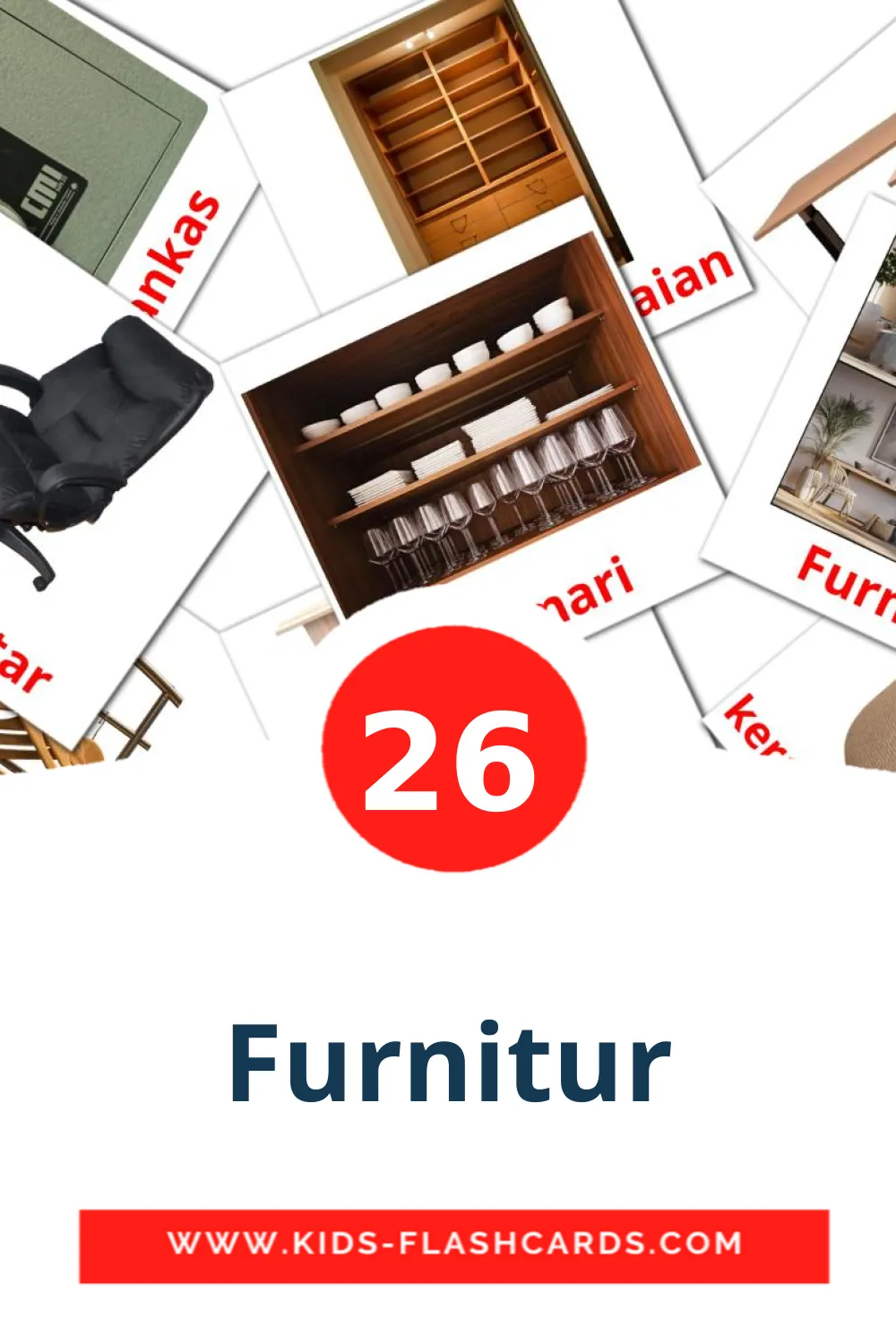 26 cartes illustrées de Furnitur pour la maternelle en indonésien