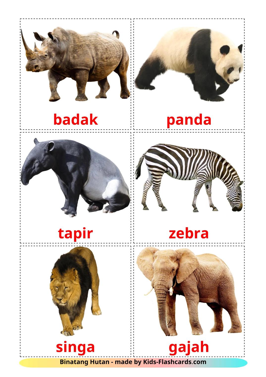 Les Animaux de la Jungle - 22 Flashcards indonésien imprimables gratuitement