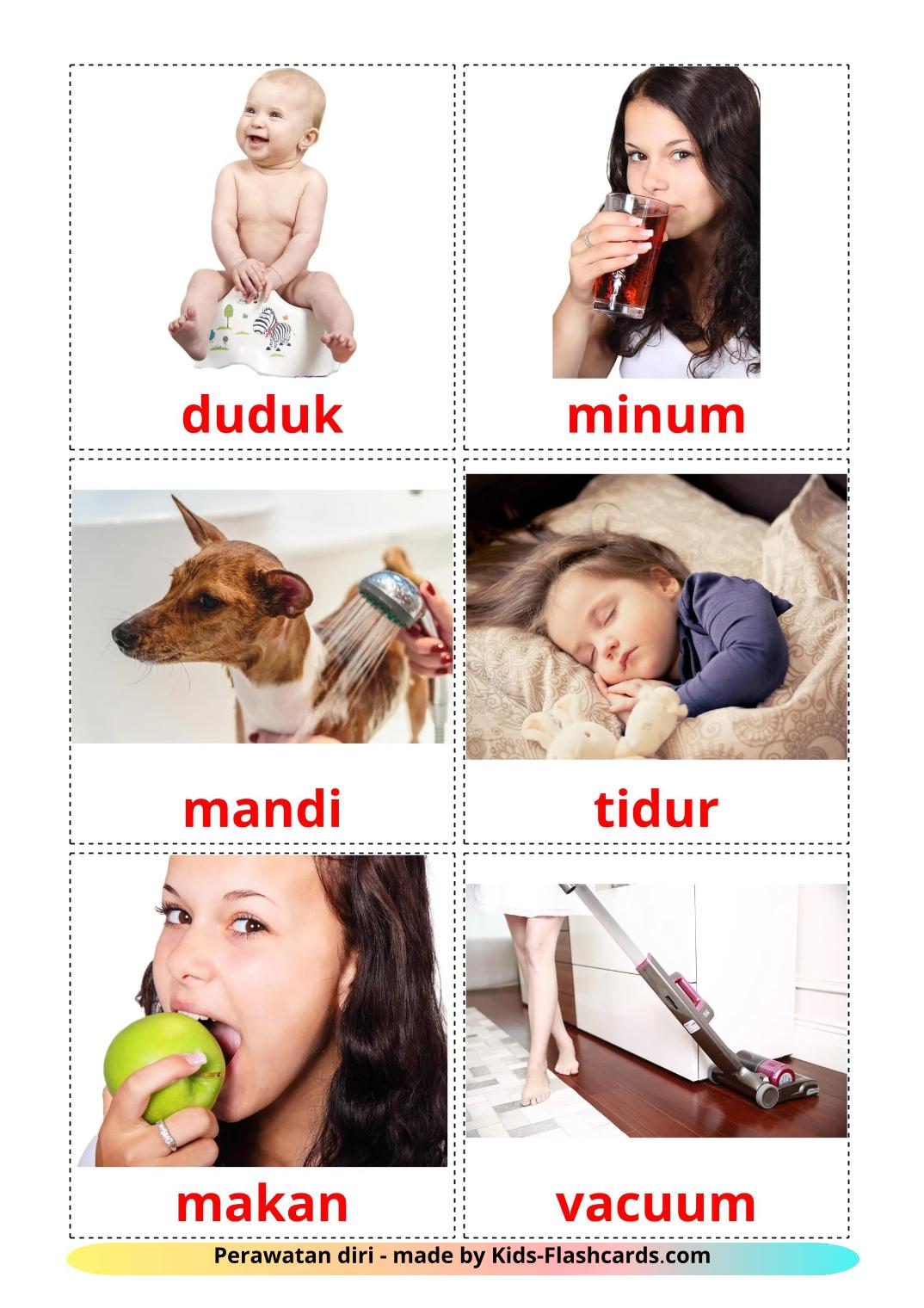 Verbi di routine - 34 flashcards indonesiano stampabili gratuitamente