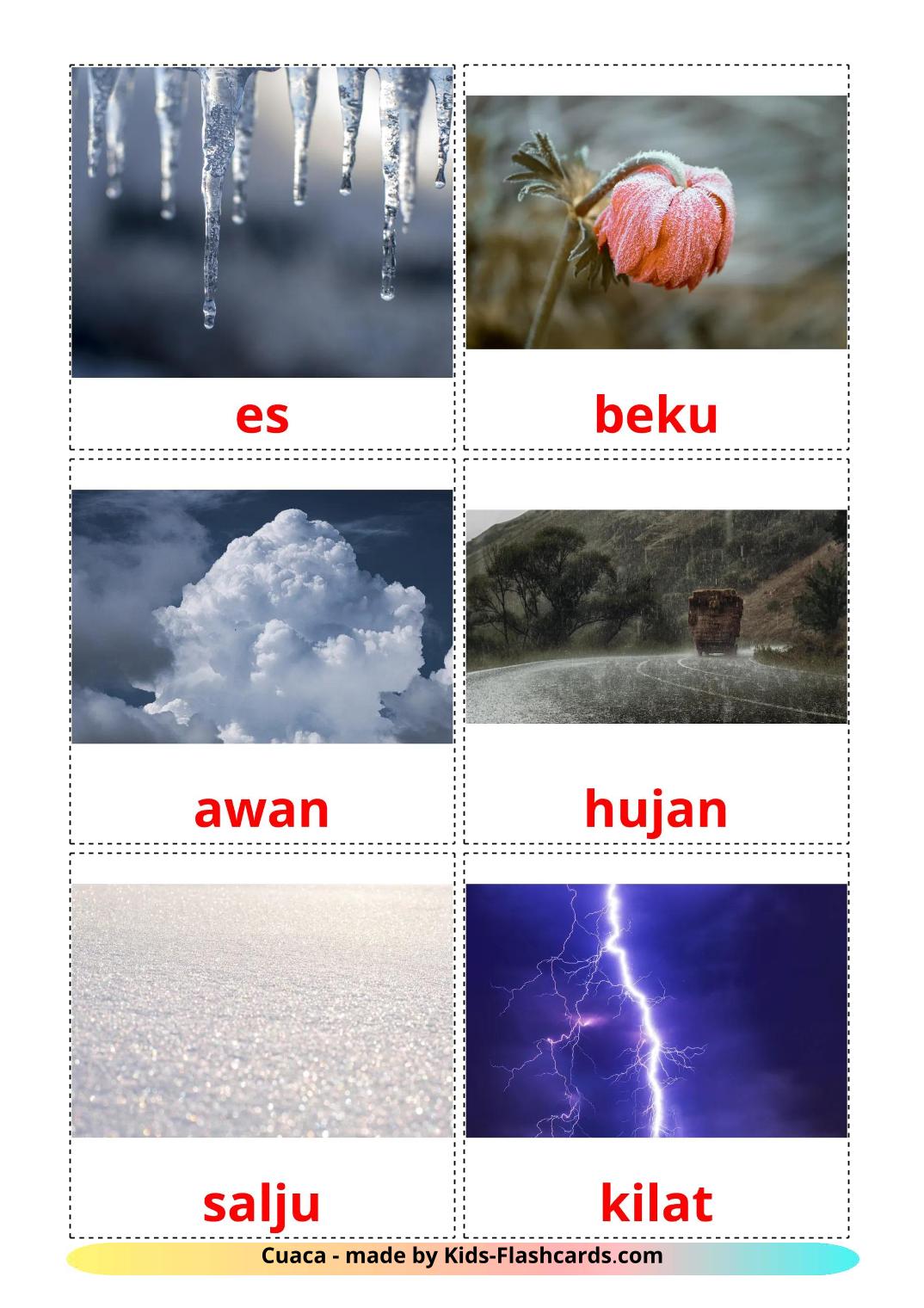 Météo - 32 Flashcards indonésien imprimables gratuitement