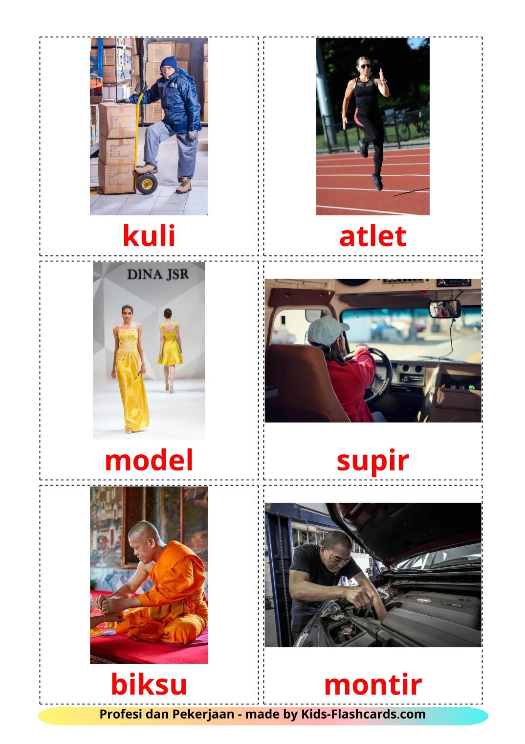 Les Métiers - 48 Flashcards indonésien imprimables gratuitement