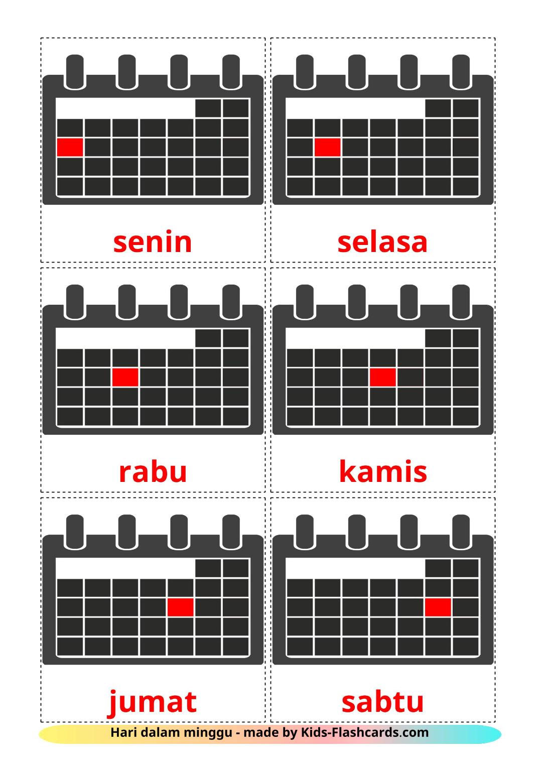Les Jours de la Semaine - 12 Flashcards indonésien imprimables gratuitement