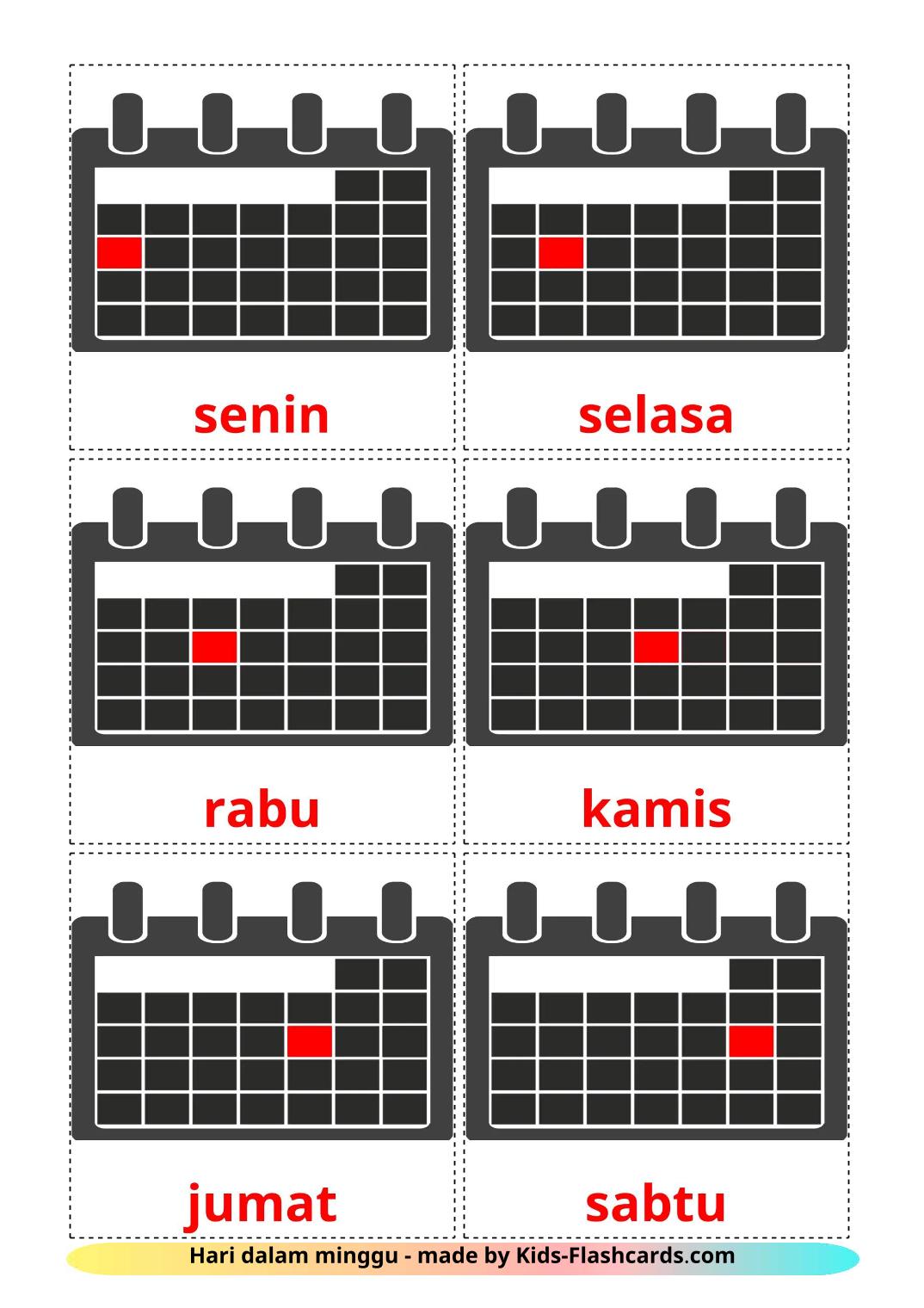 Les Jours de la Semaine - 13 Flashcards indonésien imprimables gratuitement