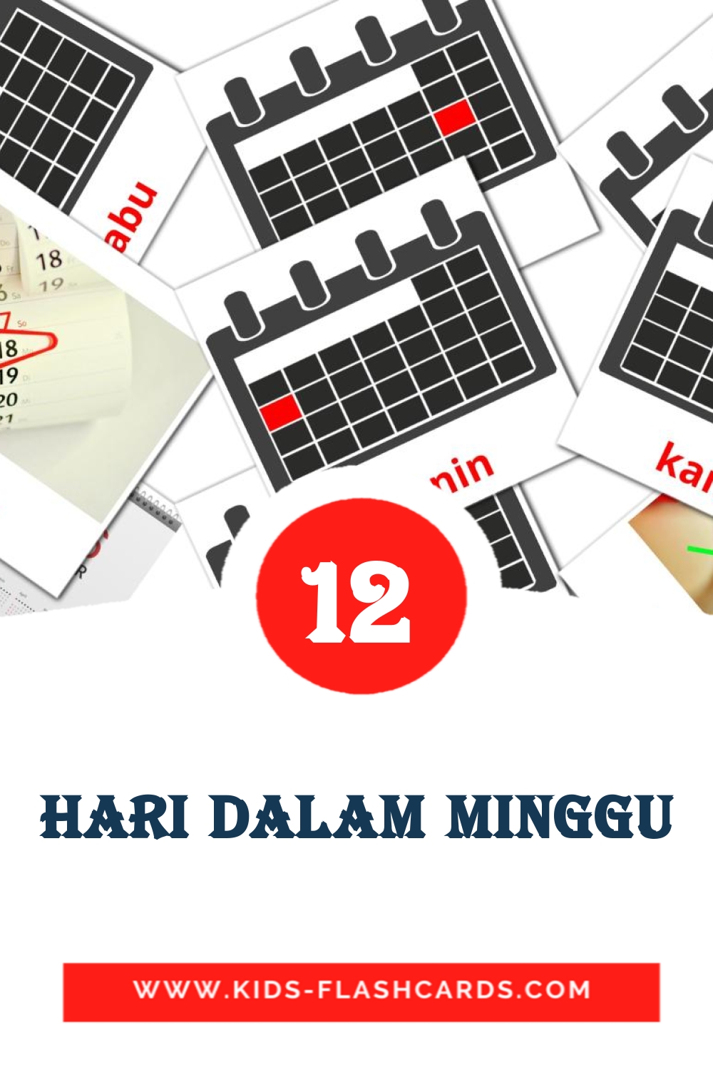 12 tarjetas didacticas de Hari dalam minggu para el jardín de infancia en indonesio