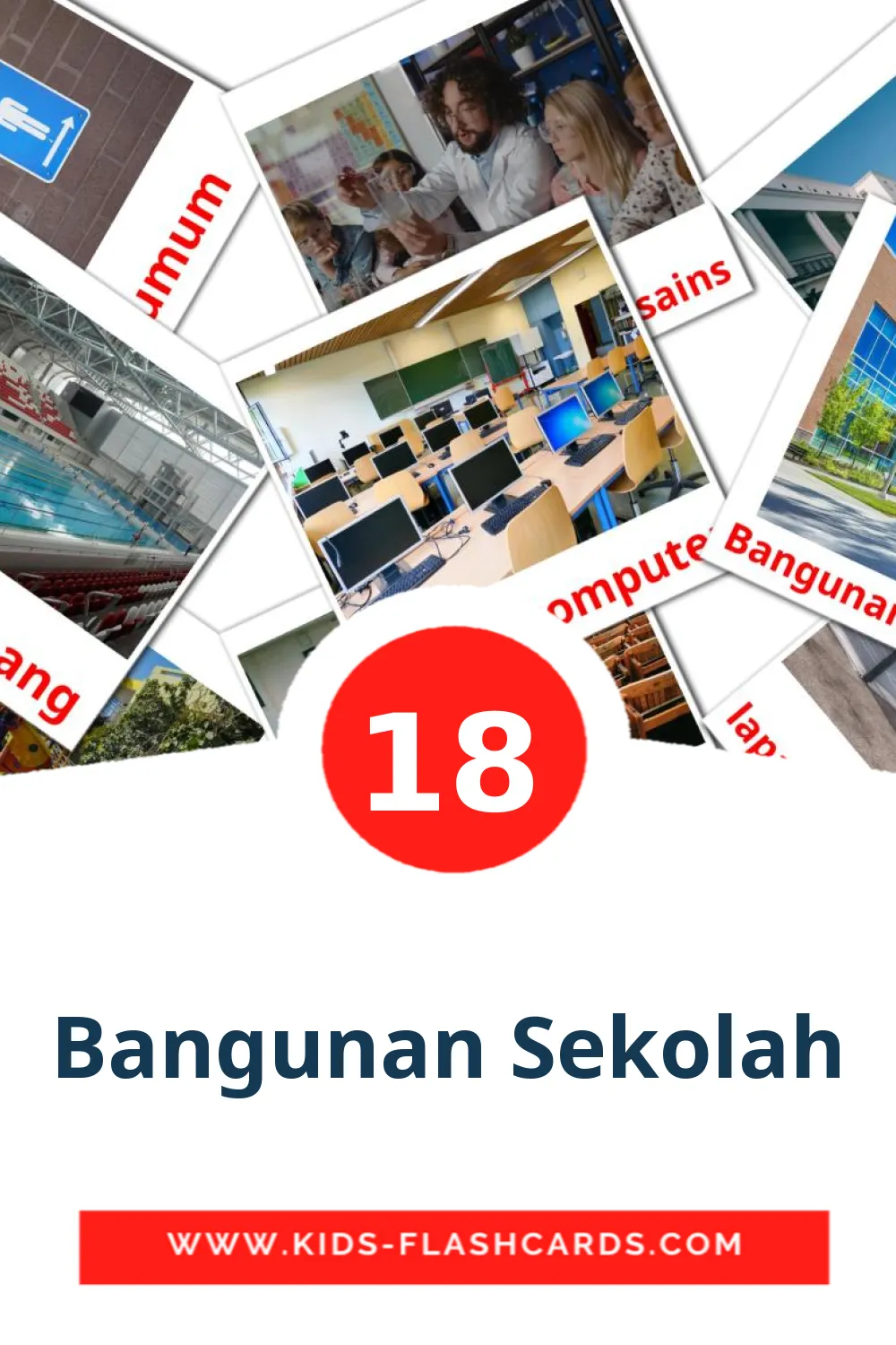 18 cartes illustrées de Bangunan Sekolah pour la maternelle en indonésien