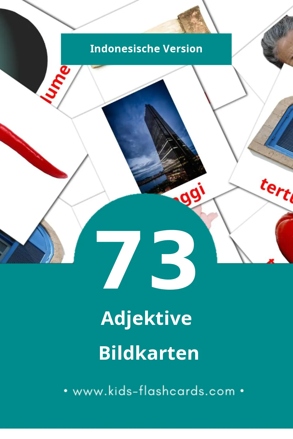 Visual Adjective Flashcards für Kleinkinder (73 Karten in Indonesisch)