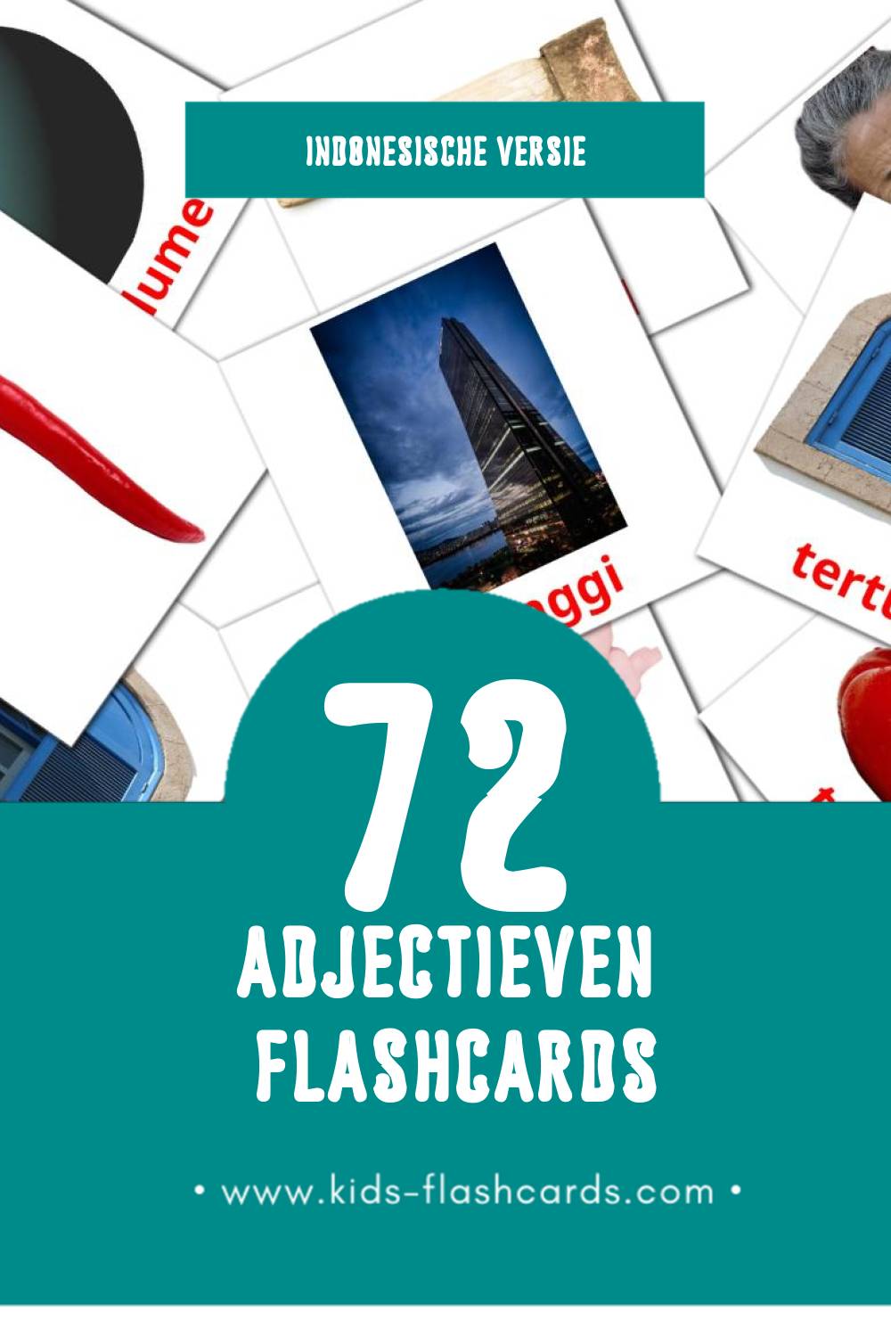 Visuele Adjective Flashcards voor Kleuters (72 kaarten in het Indonesisch)