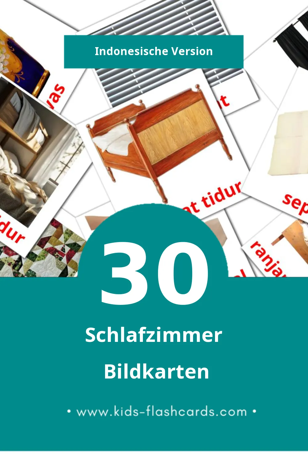 Visual Kamar tidur Flashcards für Kleinkinder (30 Karten in Indonesisch)