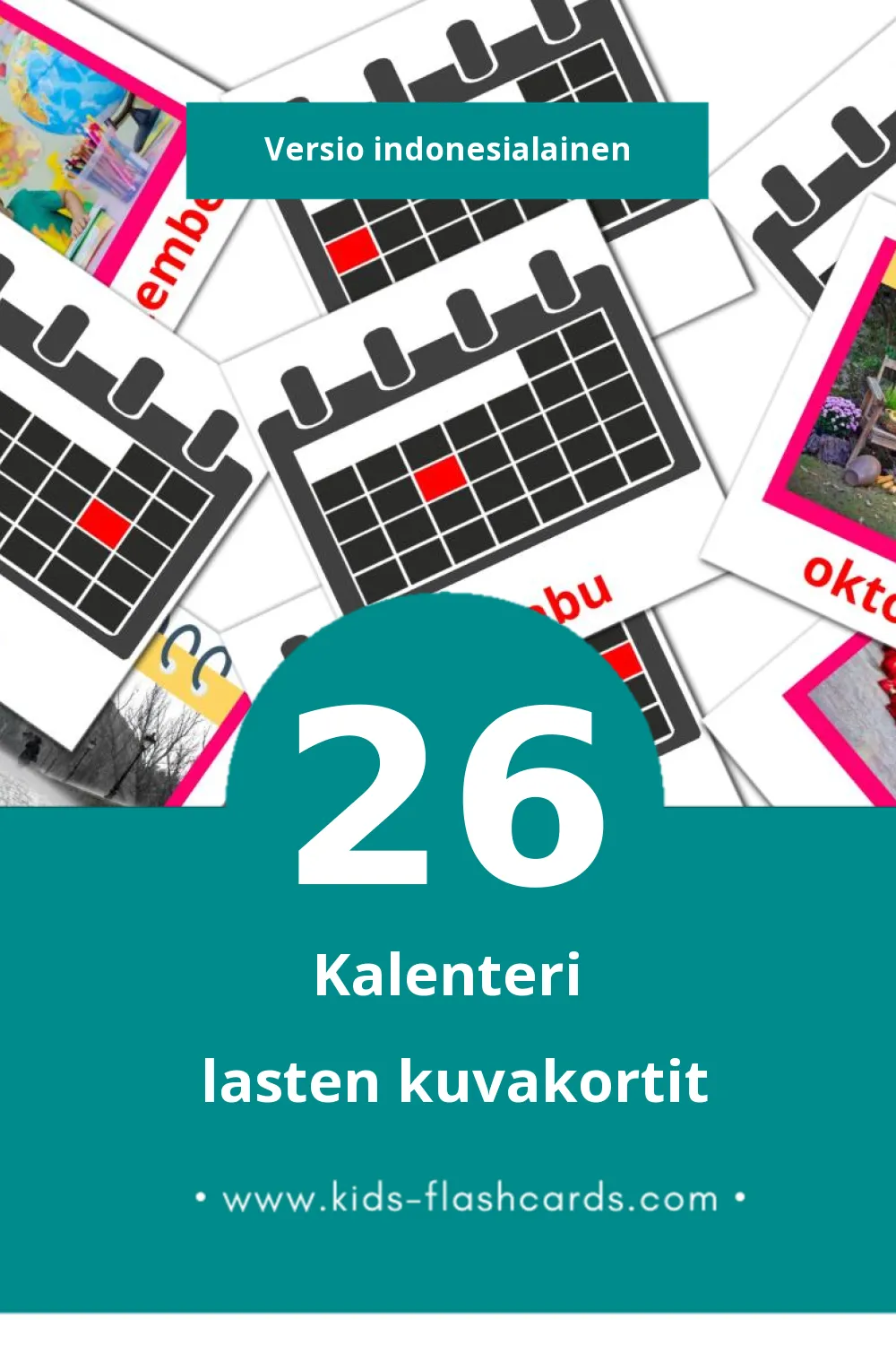 Kalender lasten kuvakortit pikkulapsille (26 korttia Indonesialaiseksi)
