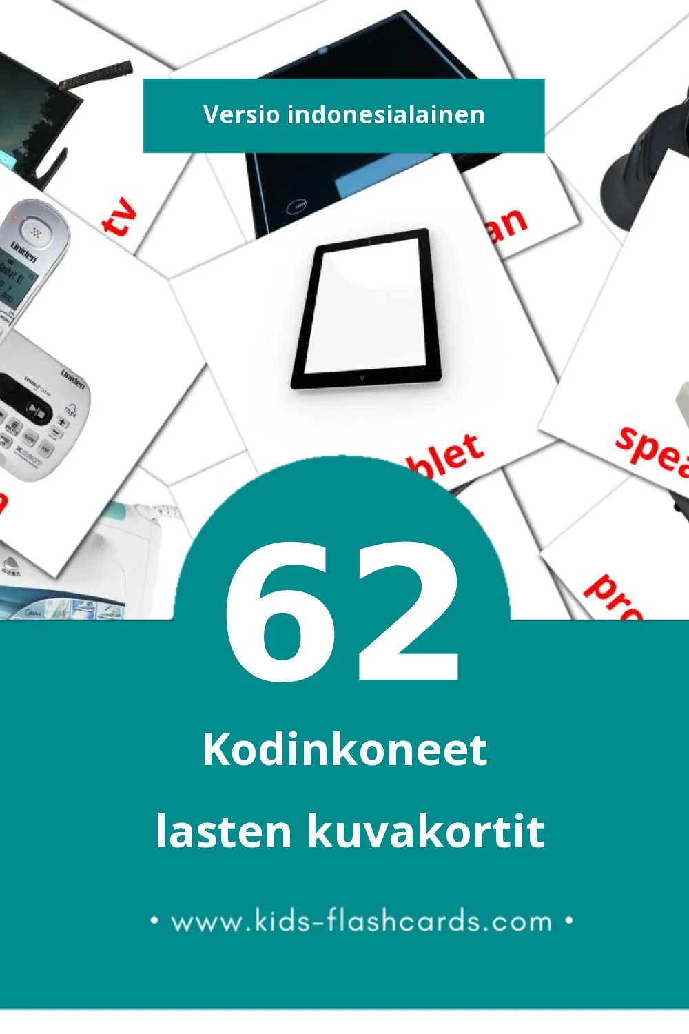 Elektronik rumah tangga lasten kuvakortit pikkulapsille (62 korttia Indonesialaiseksi)
