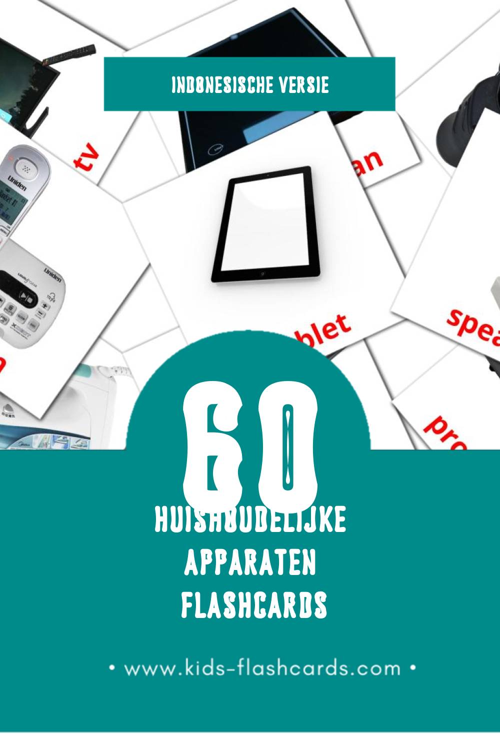 Visuele Elektronik rumah tangga Flashcards voor Kleuters (60 kaarten in het Indonesisch)