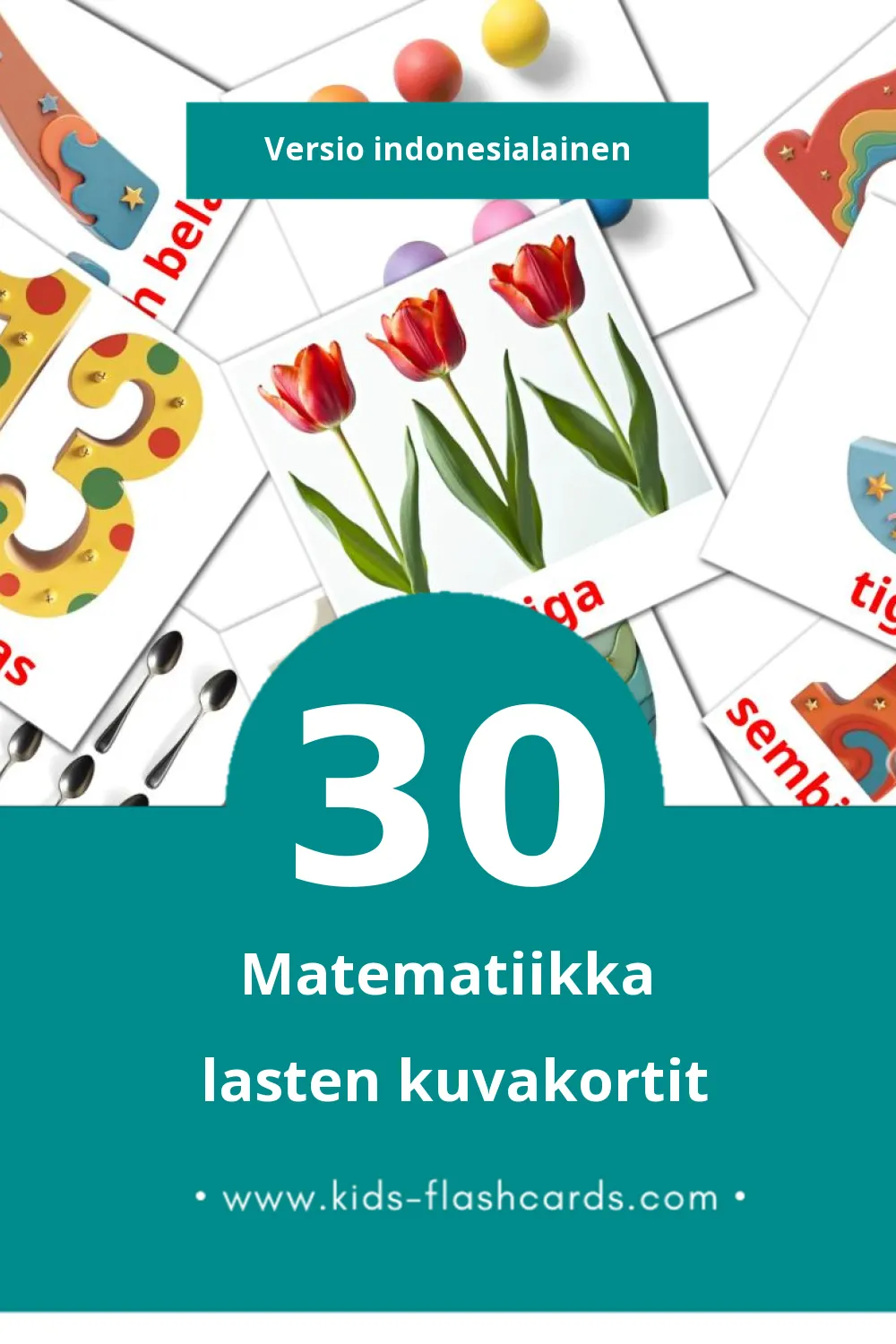 Matematika lasten kuvakortit pikkulapsille (30 korttia Indonesialaiseksi)