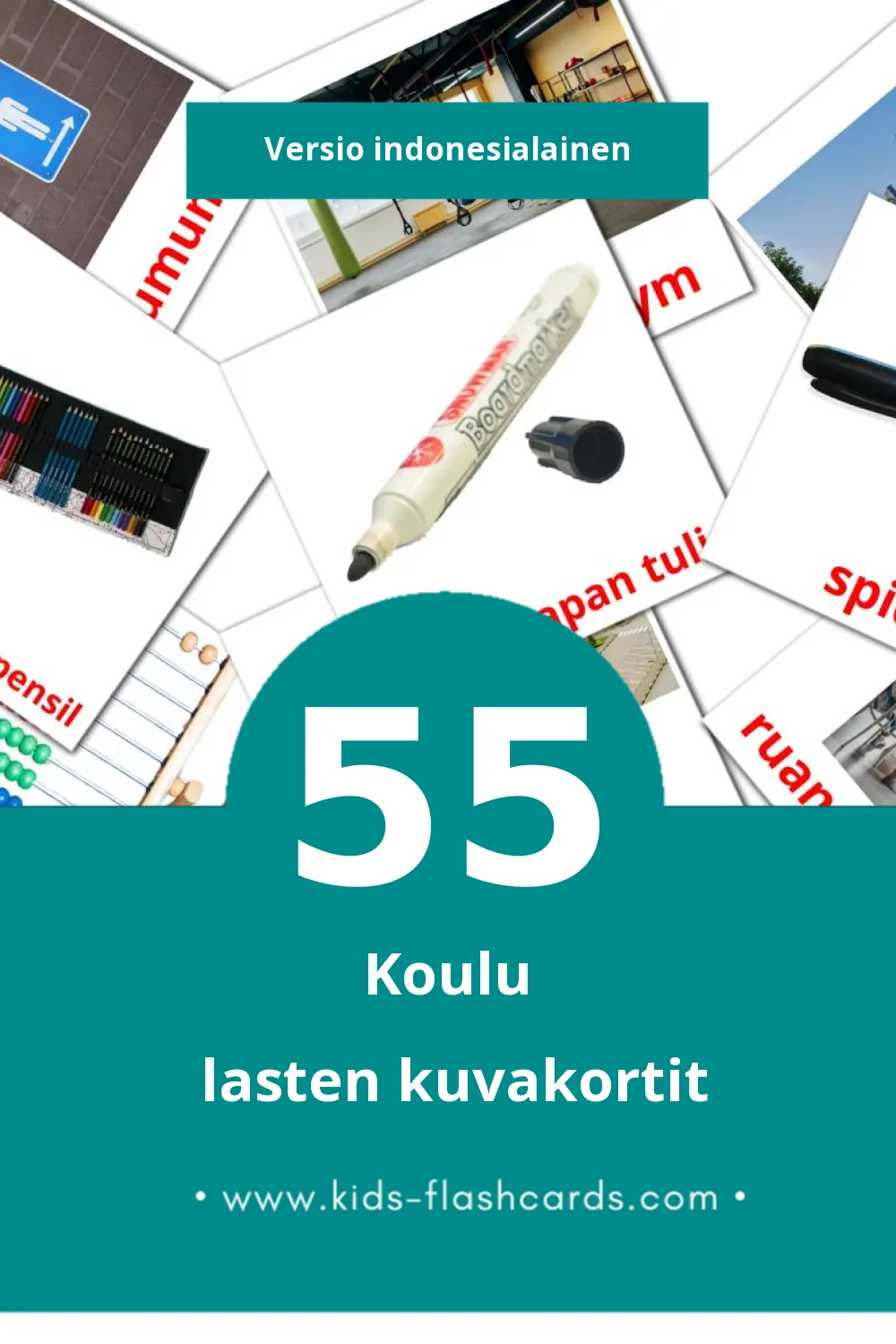 Sekolah lasten kuvakortit pikkulapsille (55 korttia Indonesialaiseksi)