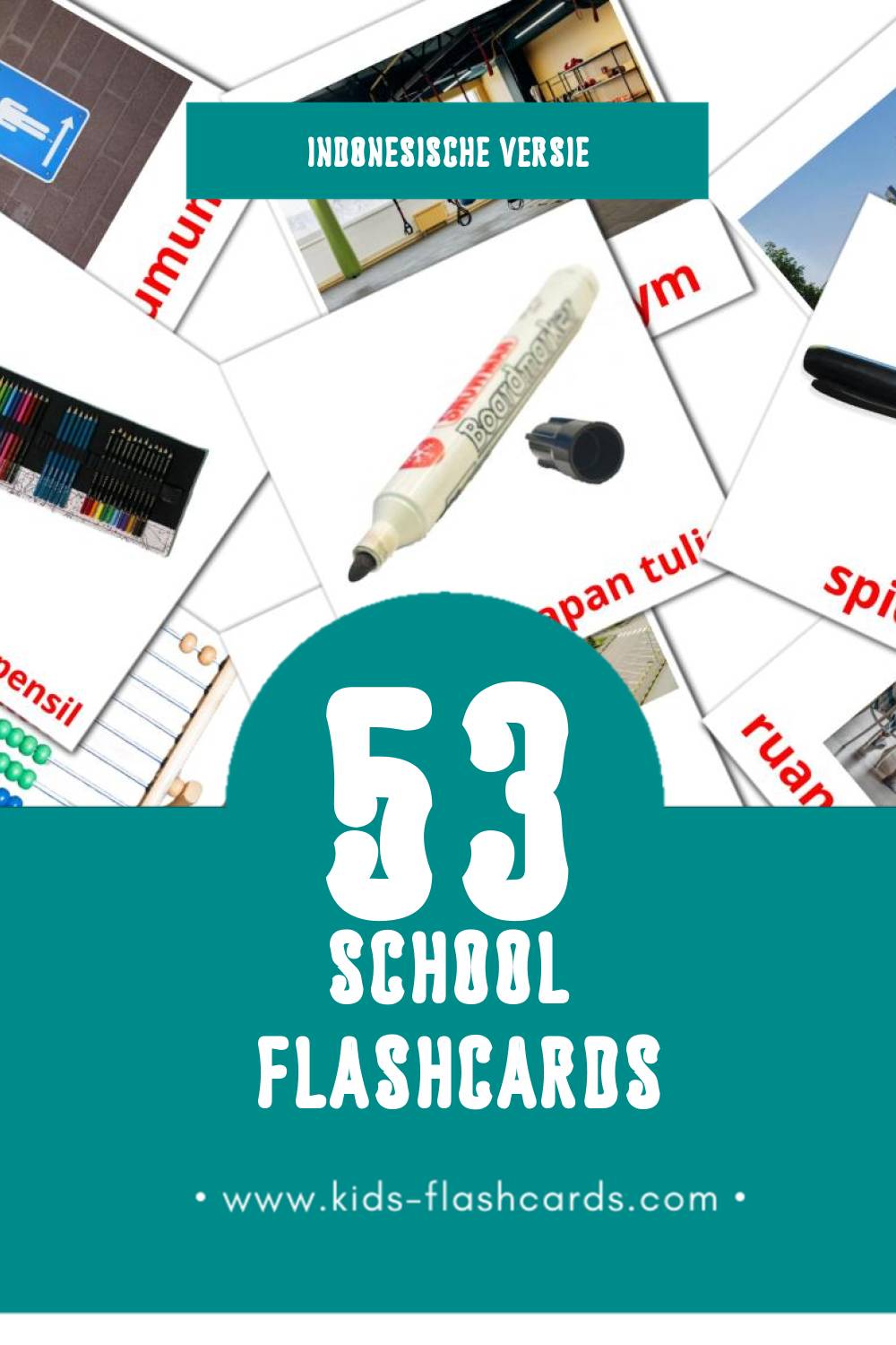 Visuele Sekolah Flashcards voor Kleuters (53 kaarten in het Indonesisch)