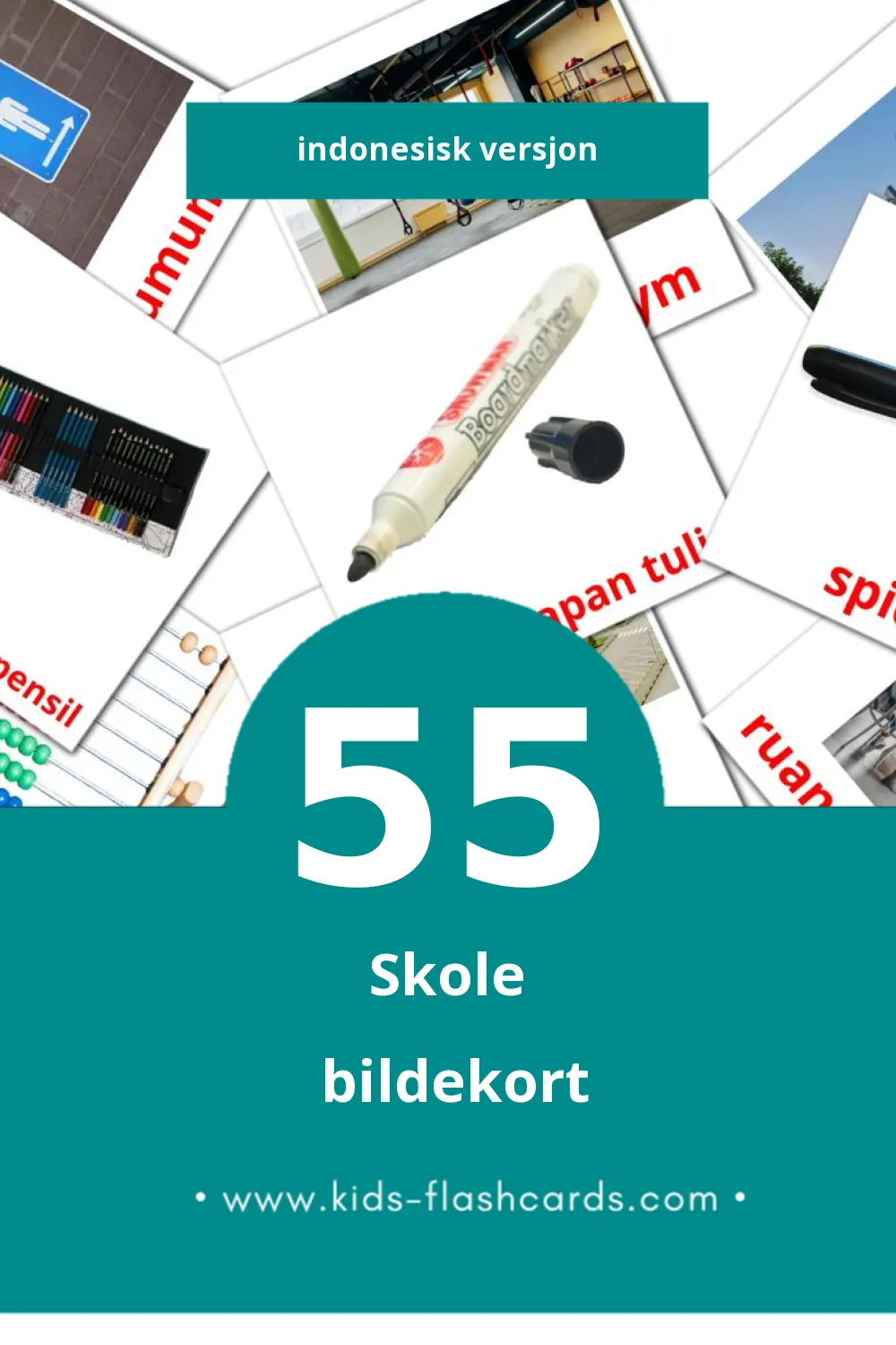 Visuelle Sekolah bildekort for småbarn (55 kort på Indonesisk)