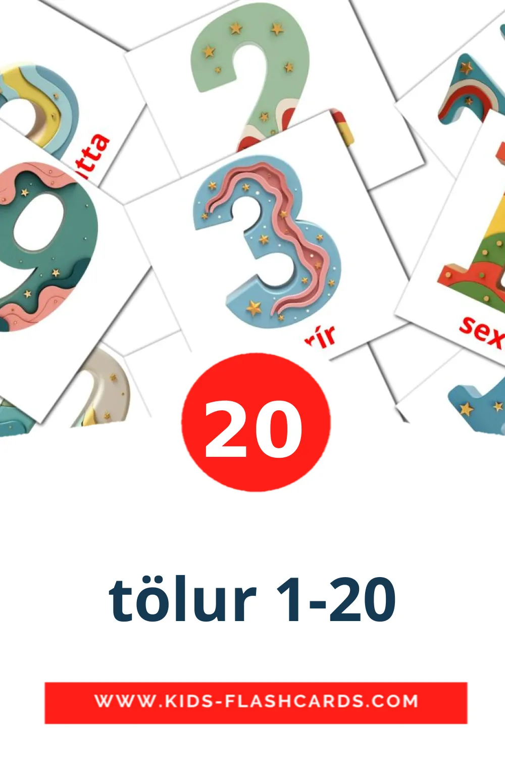 20 billedkort for børn med tölur 1-20 til børnehaveklassen på islandsk