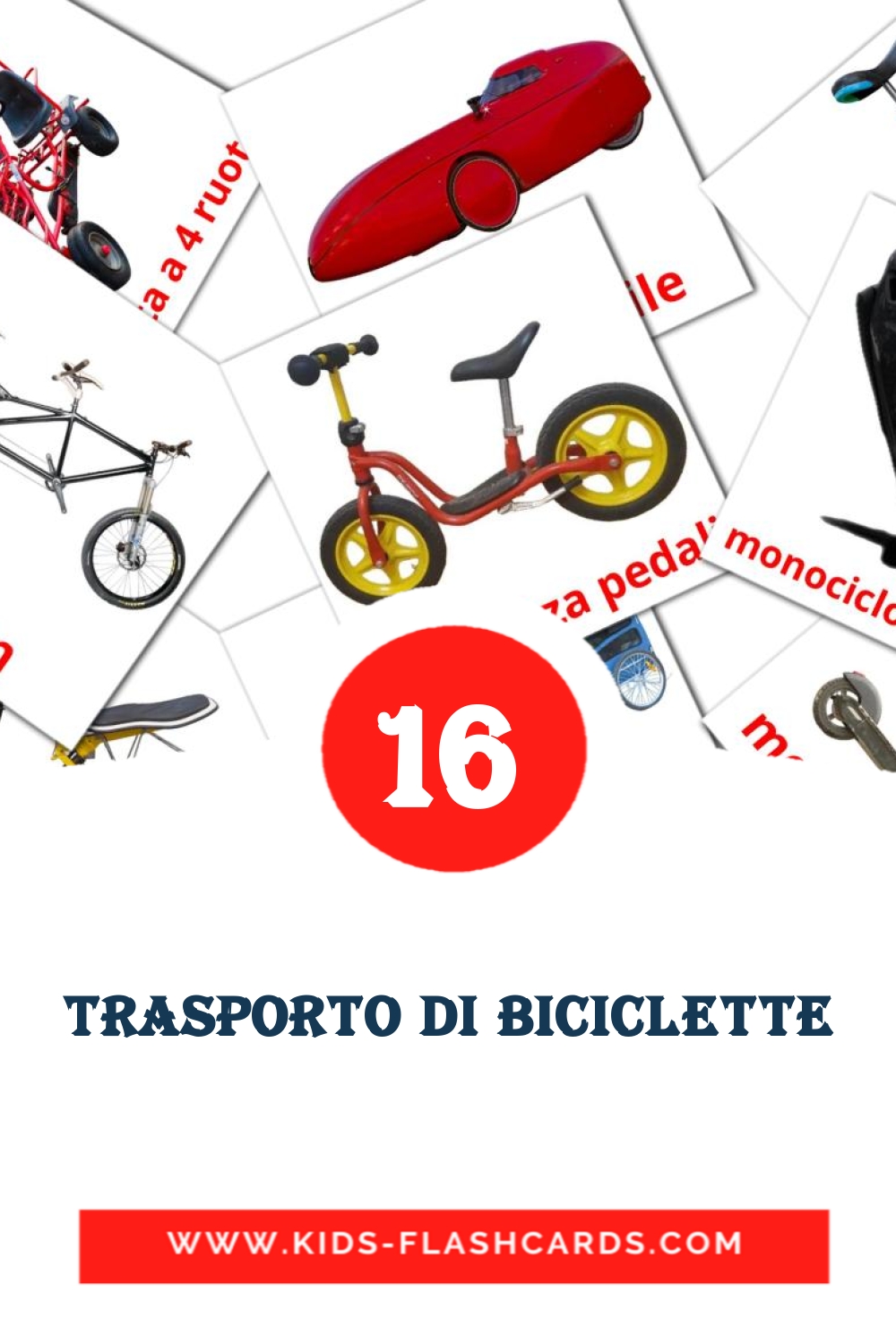 16 carte illustrate di Trasporto di biciclette per la scuola materna in italiano