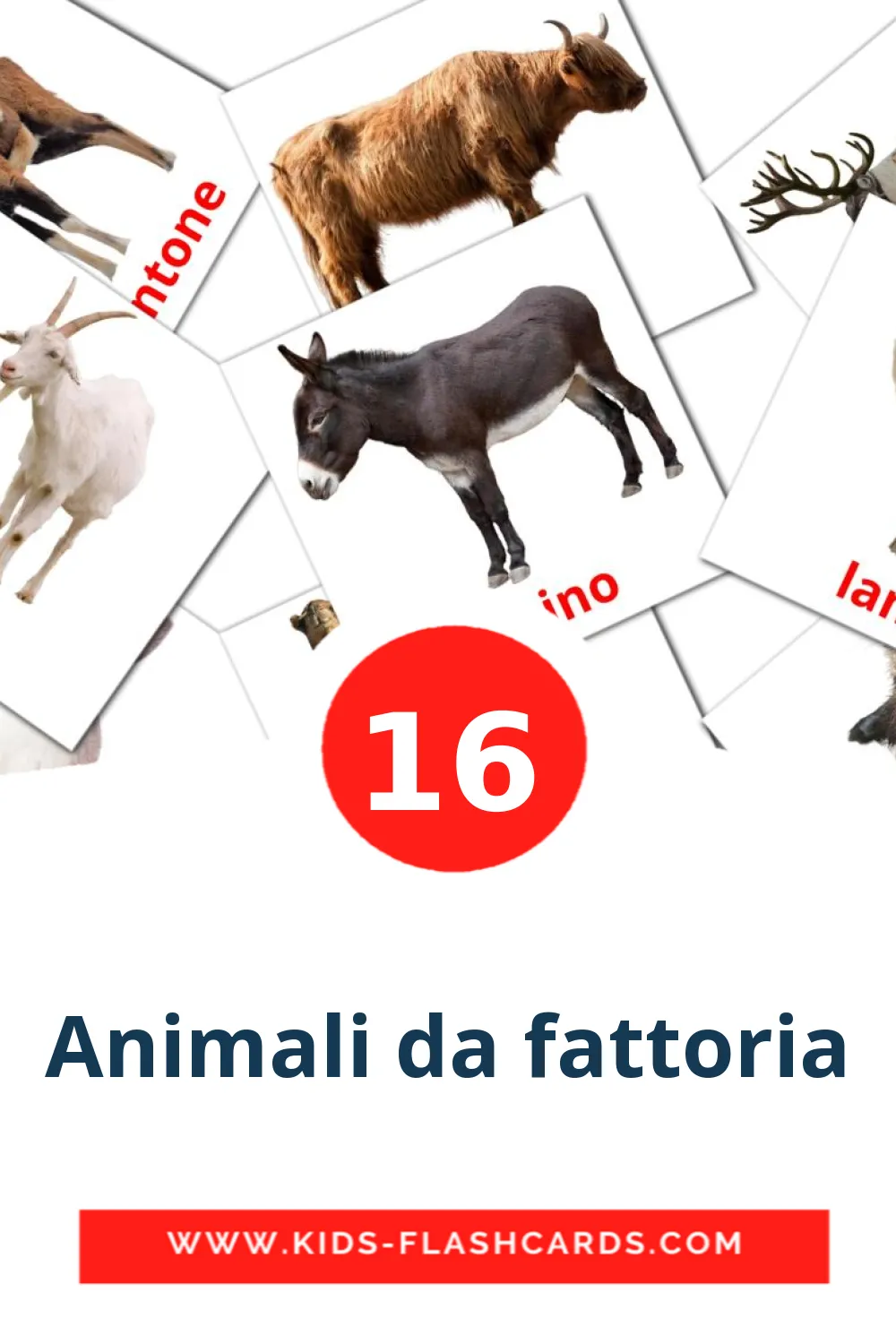 16 cartes illustrées de Animali da fattoria pour la maternelle en italien