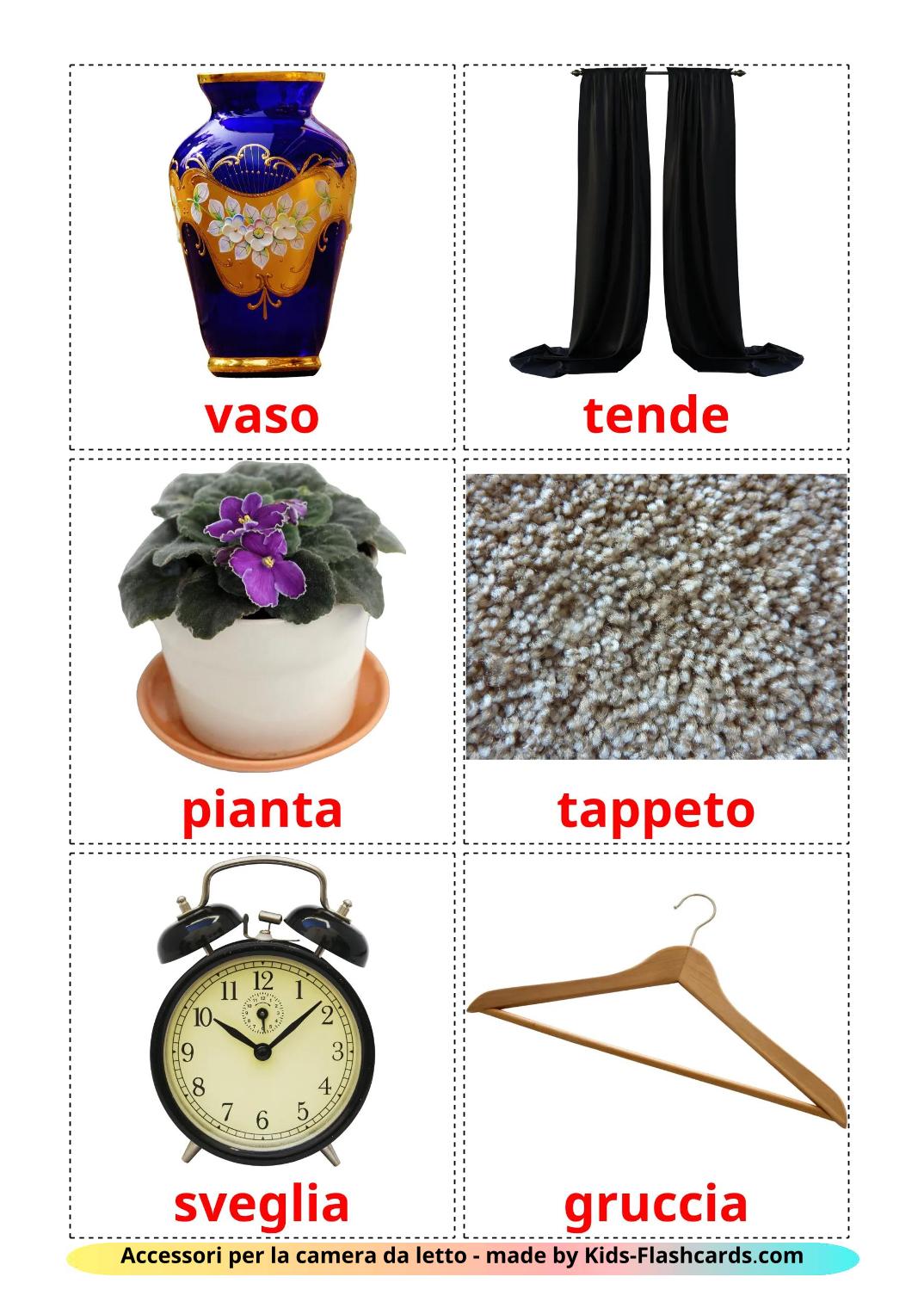 Accessori per la camera da letto - 15 flashcards italiano stampabili gratuitamente